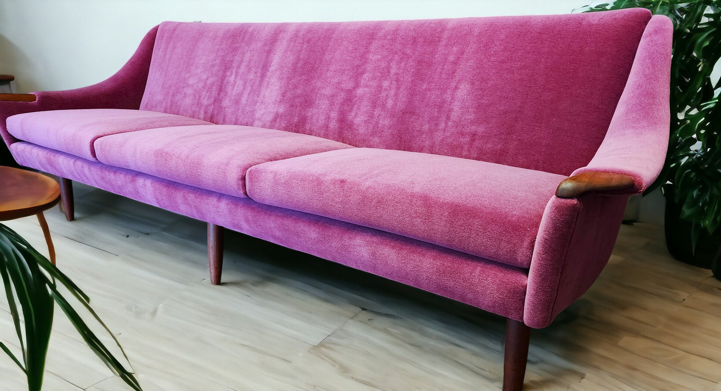 REFINISHED REUPHOLSTERED in Wool Mohair Danish Mid Century Modern Teak Sofa 93"