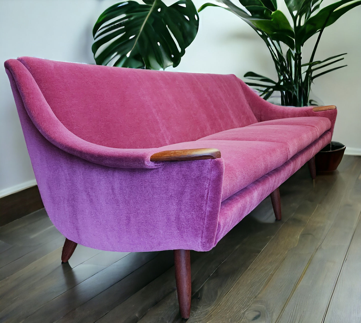 REFINISHED REUPHOLSTERED in Wool Mohair Danish Mid Century Modern Teak Sofa 93"