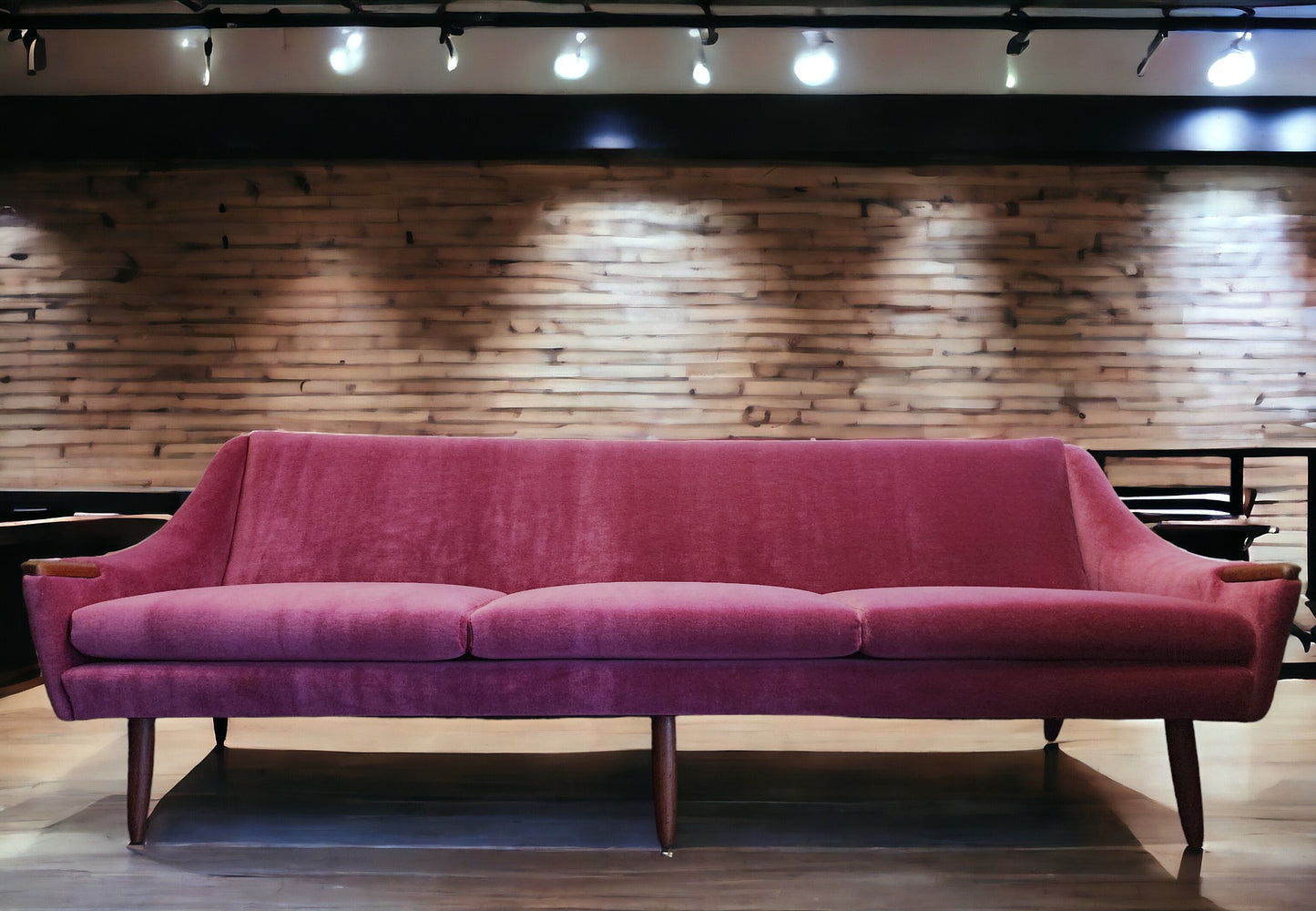 REFINISHED REUPHOLSTERED in Wool Mohair Danish Mid Century Modern Teak Sofa 93"
