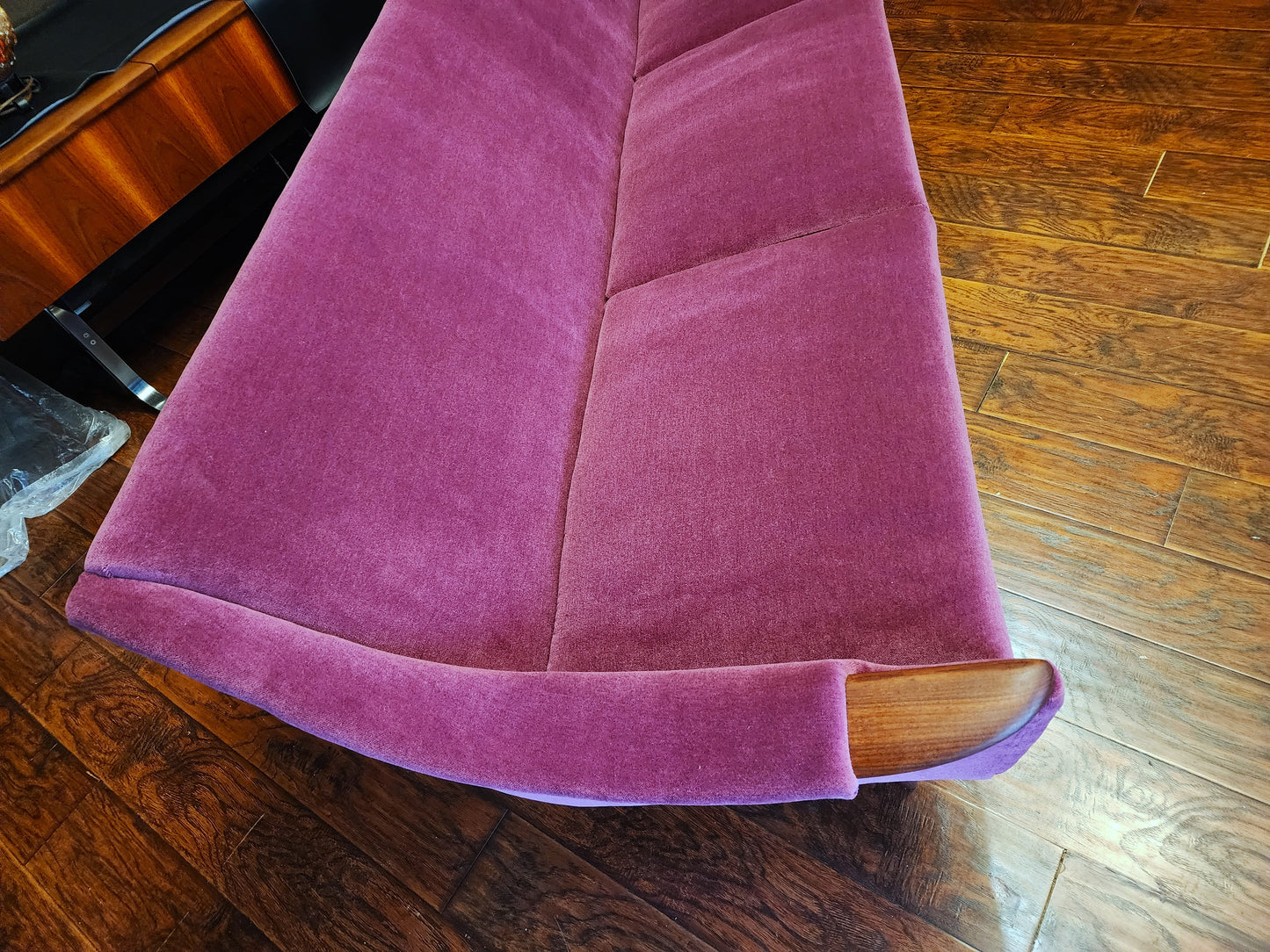 REFINISHED REUPHOLSTERED in Wool Mohair Danish Mid Century Modern Teak Sofa 93"