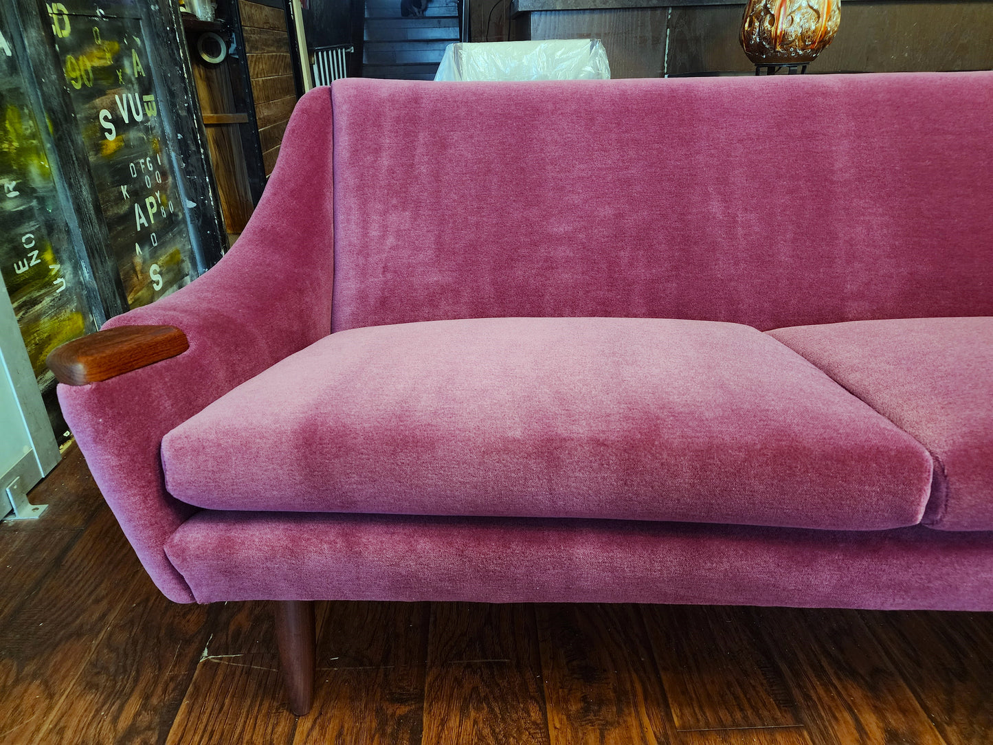 REFINISHED REUPHOLSTERED in Wool Mohair Danish Mid Century Modern Teak Sofa 93"