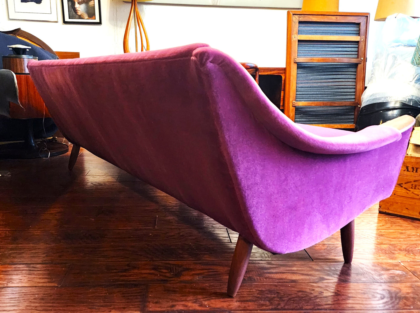 REFINISHED REUPHOLSTERED in Wool Mohair Danish Mid Century Modern Teak Sofa 93"