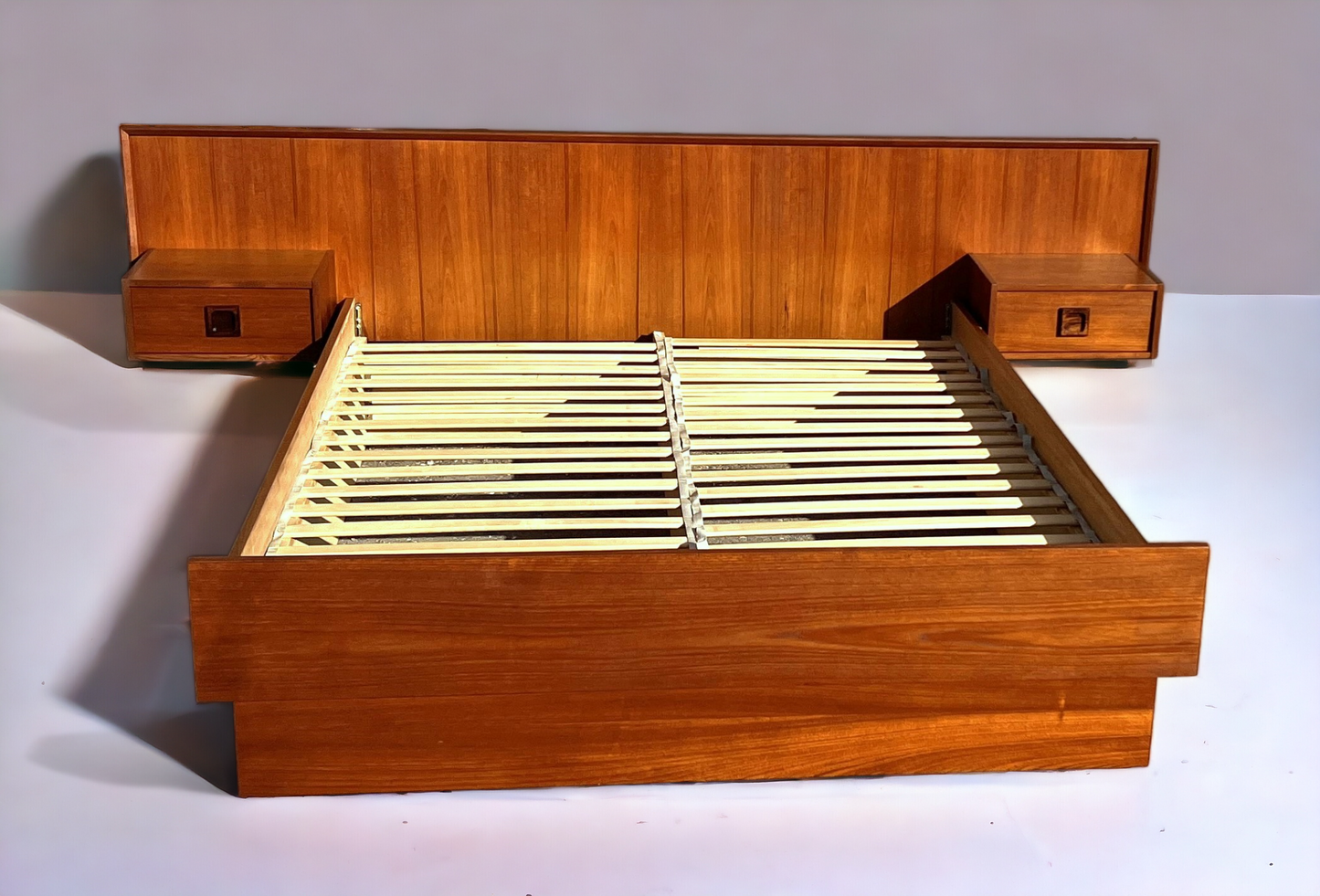 REFINISHED Danish Mid Century Modern Teak Bed w Floating Nightstands Queen