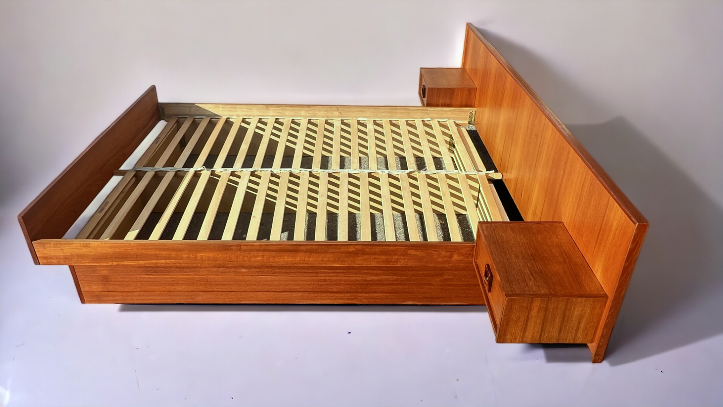 REFINISHED Danish Mid Century Modern Teak Bed w Floating Nightstands Queen