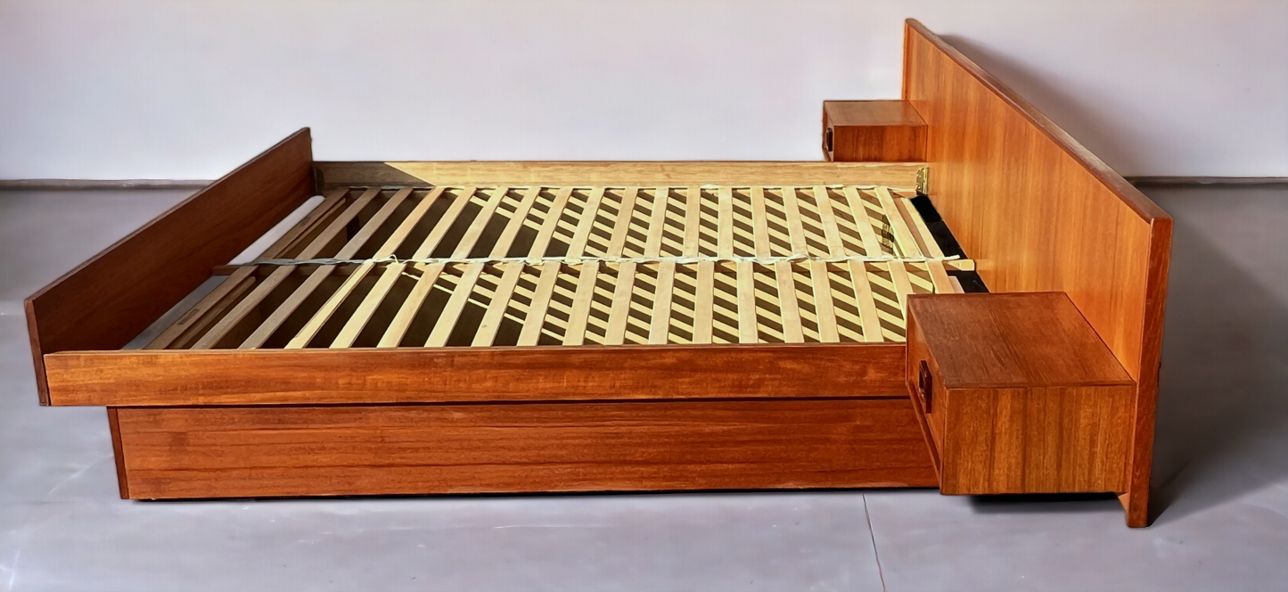 REFINISHED Danish Mid Century Modern Teak Bed w Floating Nightstands Queen