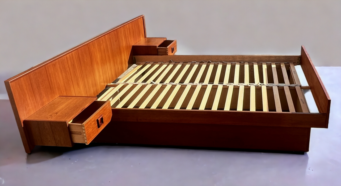 REFINISHED Danish Mid Century Modern Teak Bed w Floating Nightstands Queen