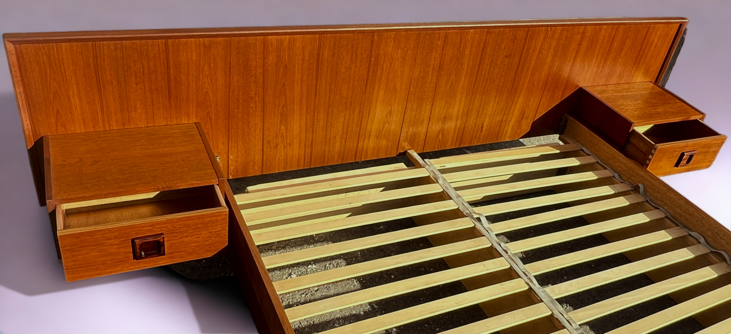 REFINISHED Danish Mid Century Modern Teak Bed w Floating Nightstands Queen