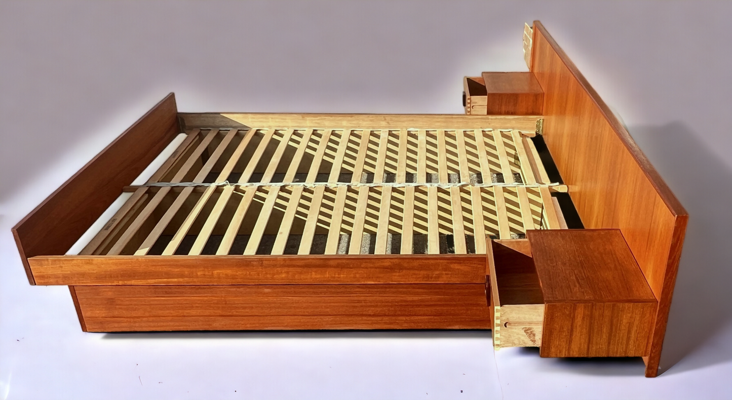 REFINISHED Danish Mid Century Modern Teak Bed w Floating Nightstands Queen