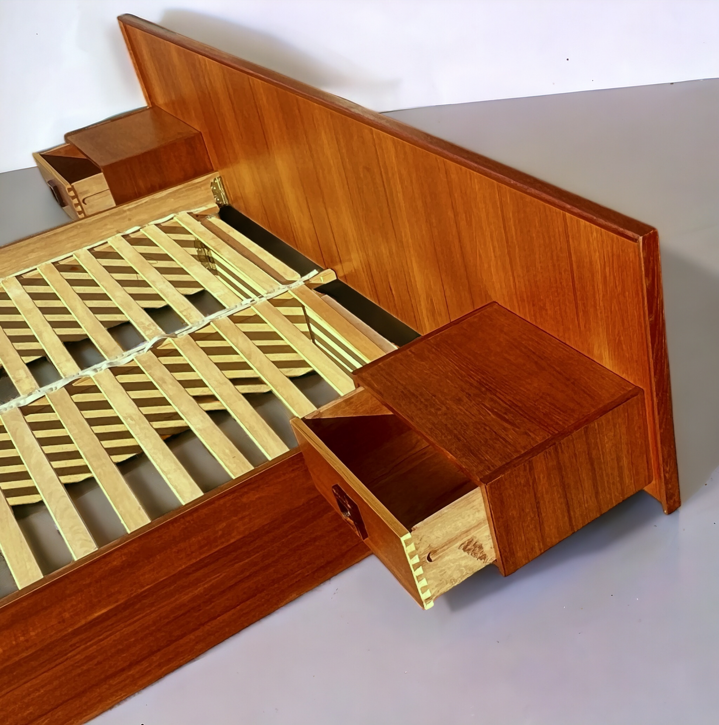 REFINISHED Danish Mid Century Modern Teak Bed w Floating Nightstands Queen