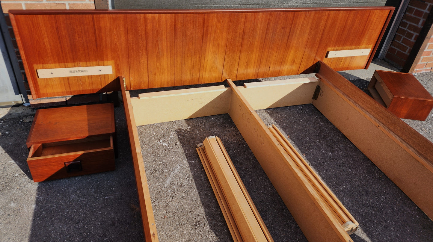 REFINISHED Danish Mid Century Modern Teak Bed w Floating Nightstands Queen
