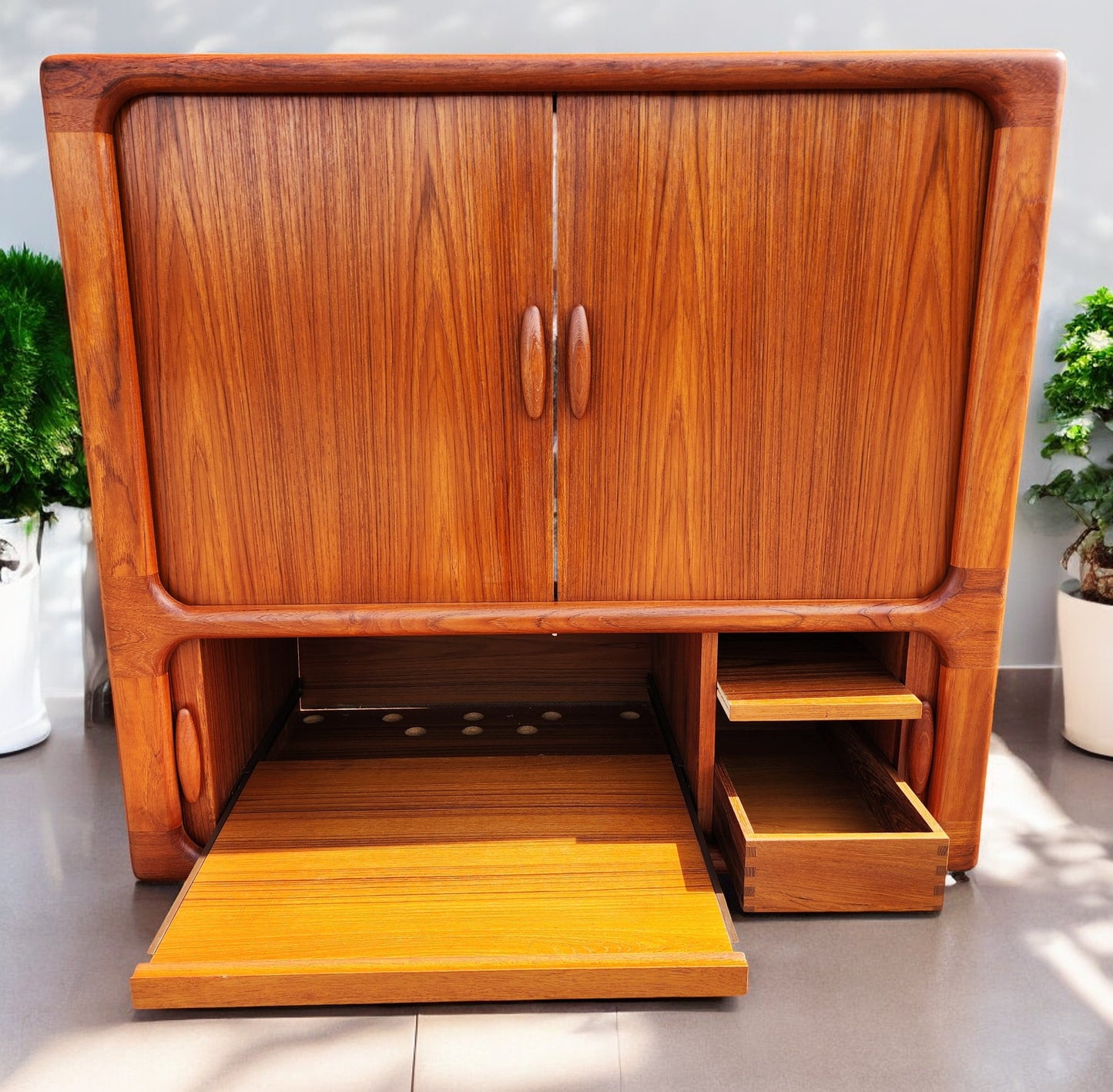 REFINISHED Danish MCM Teak Double Tambour Rolling Cabinet by DYRLUND 41.25"
