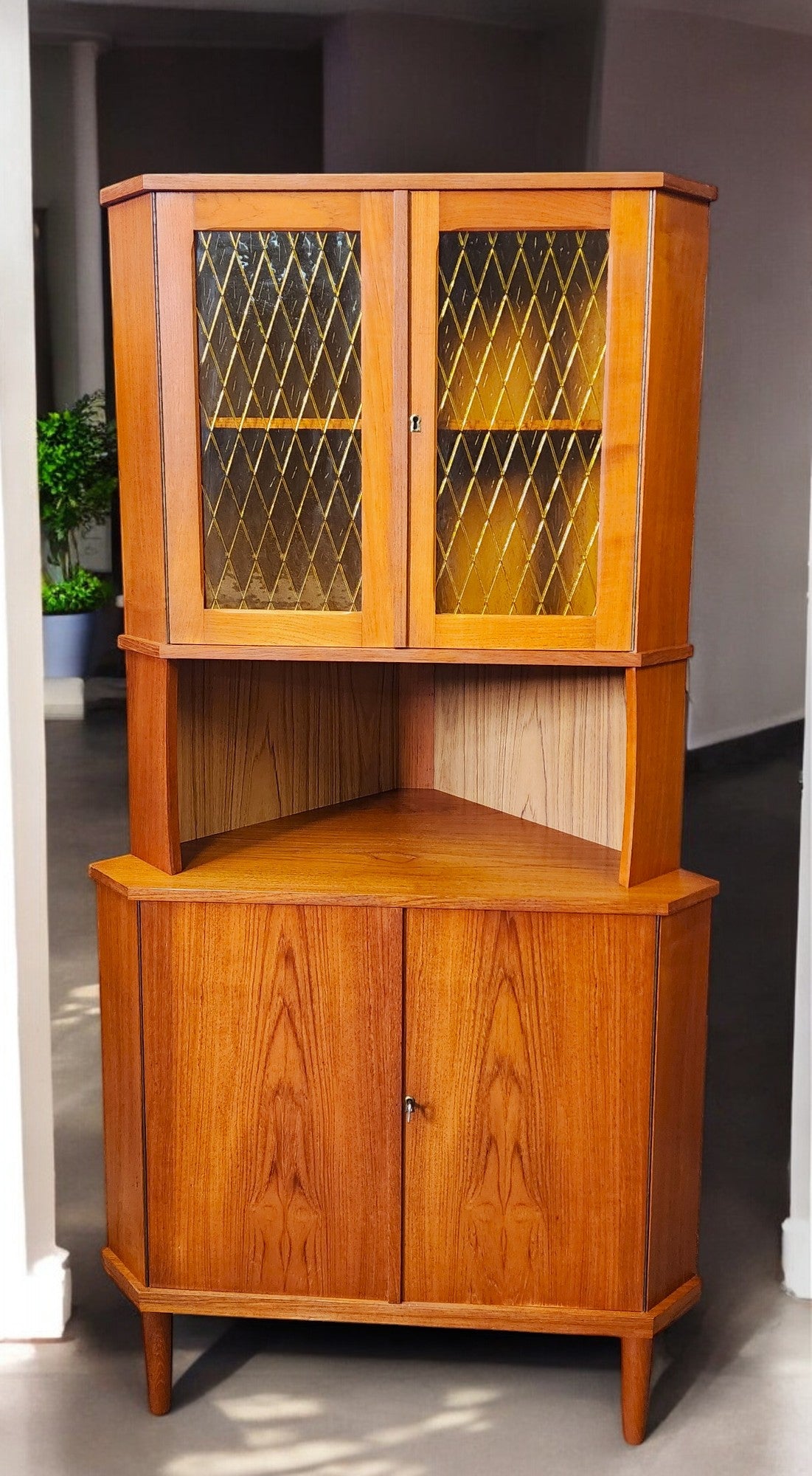 RESTORED Danish Mid Century Modern Teak Corner Cabinet w Bar