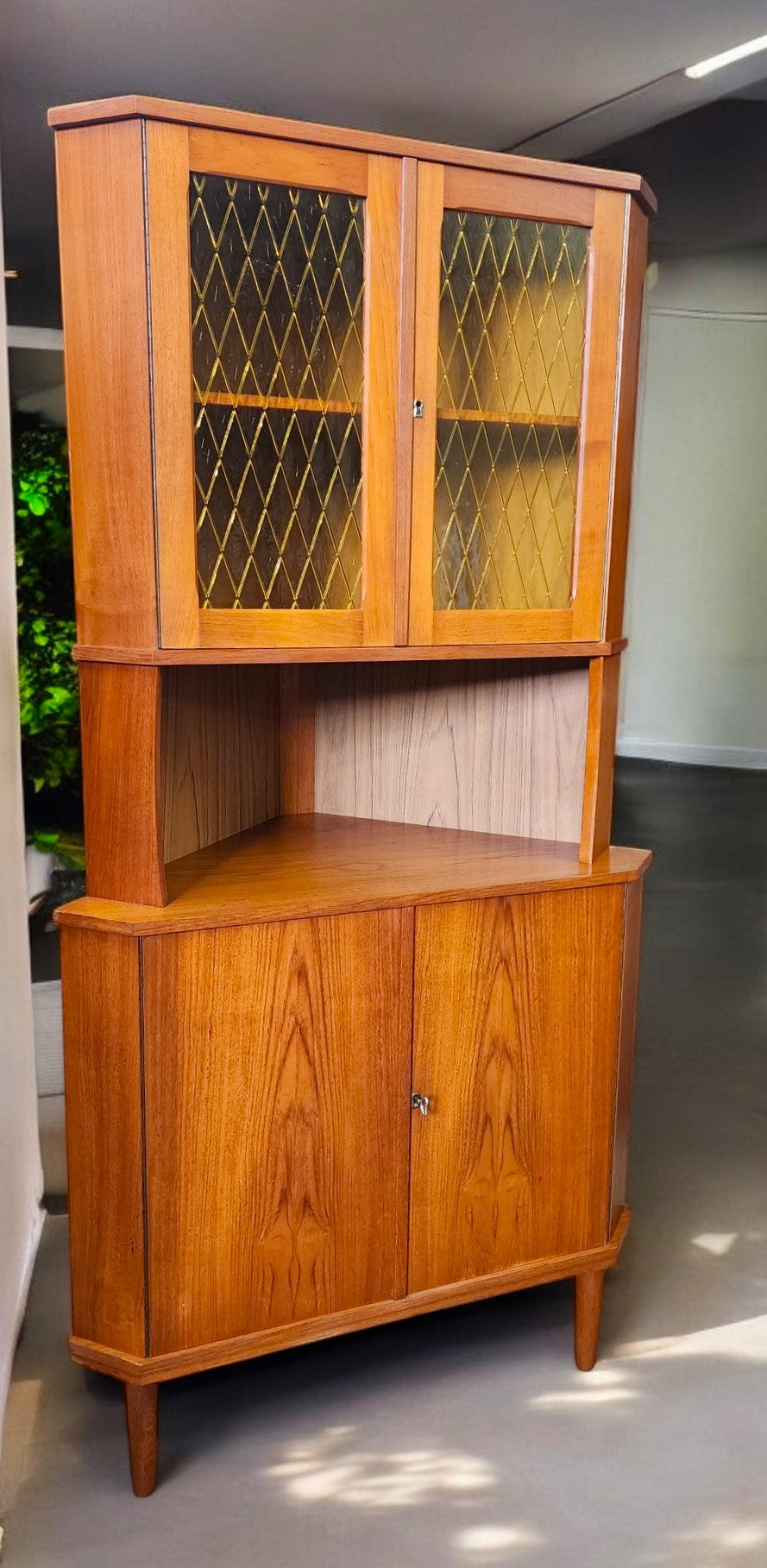 RESTORED Danish Mid Century Modern Teak Corner Cabinet w Bar