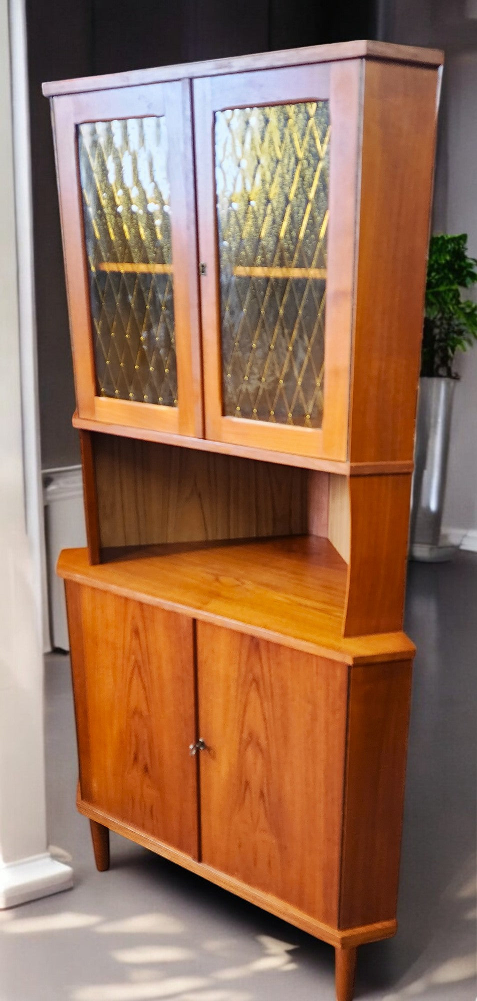 RESTORED Danish Mid Century Modern Teak Corner Cabinet w Bar