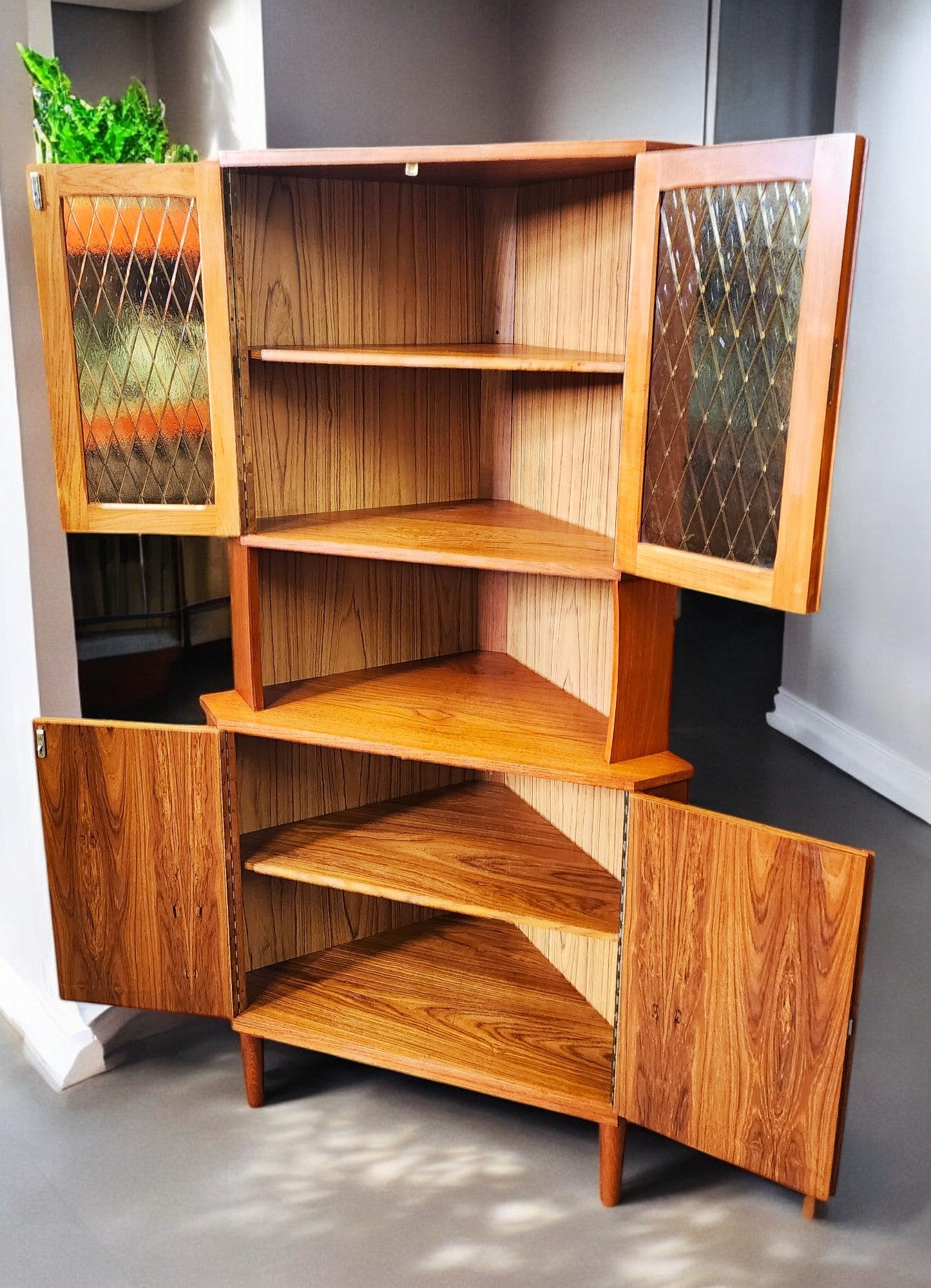 RESTORED Danish Mid Century Modern Teak Corner Cabinet w Bar