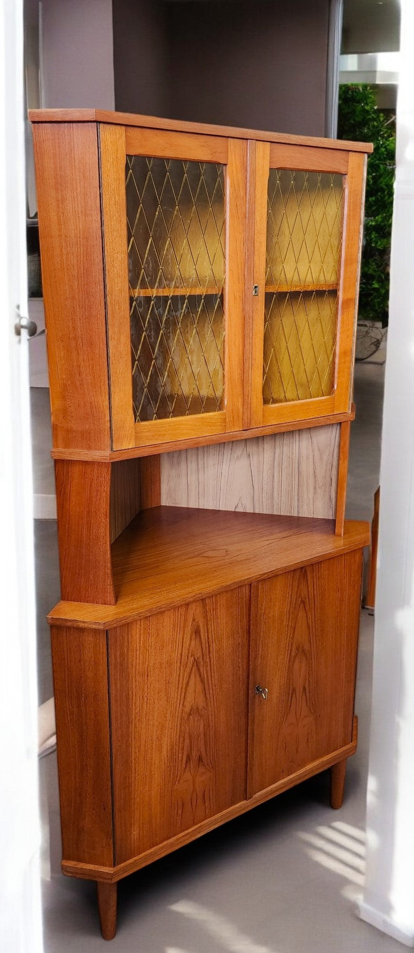 RESTORED Danish Mid Century Modern Teak Corner Cabinet w Bar