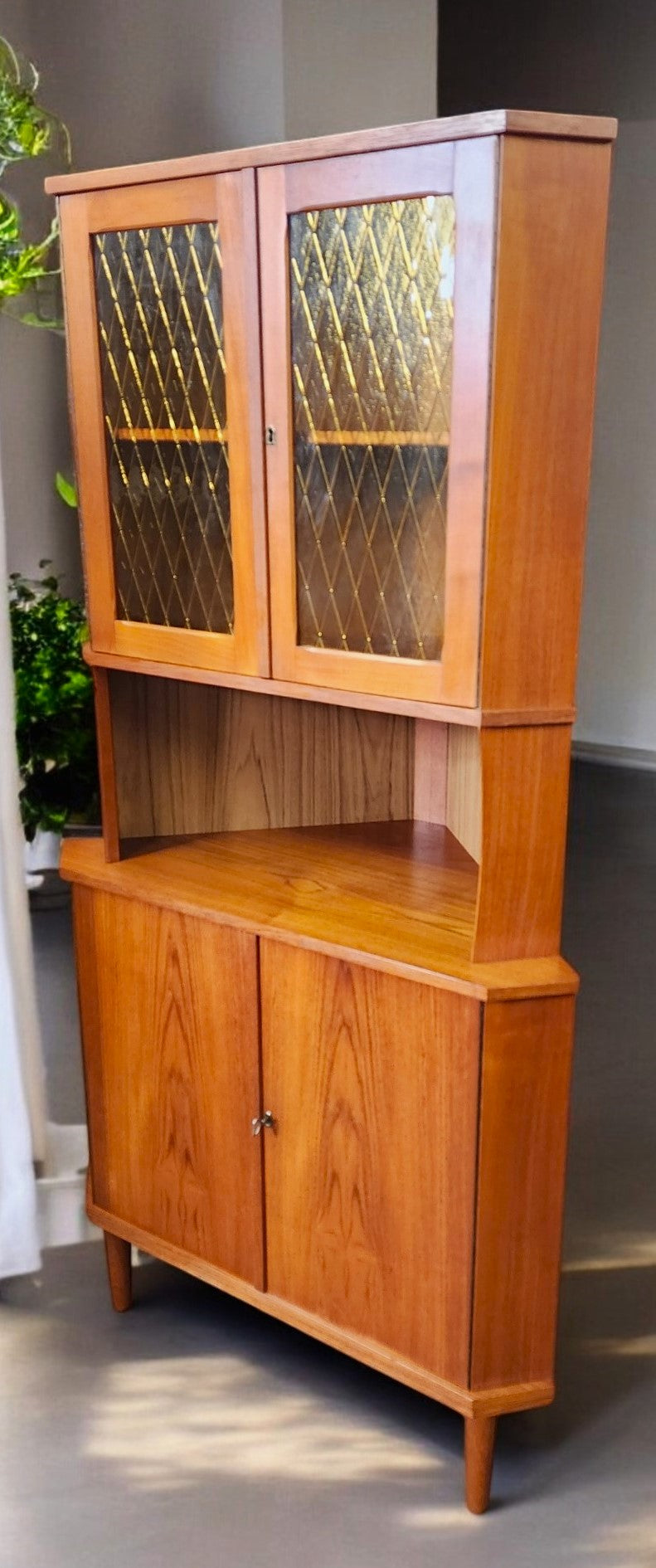 RESTORED Danish Mid Century Modern Teak Corner Cabinet w Bar
