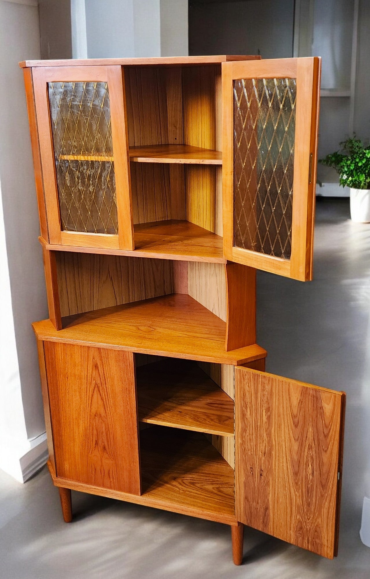 RESTORED Danish Mid Century Modern Teak Corner Cabinet w Bar