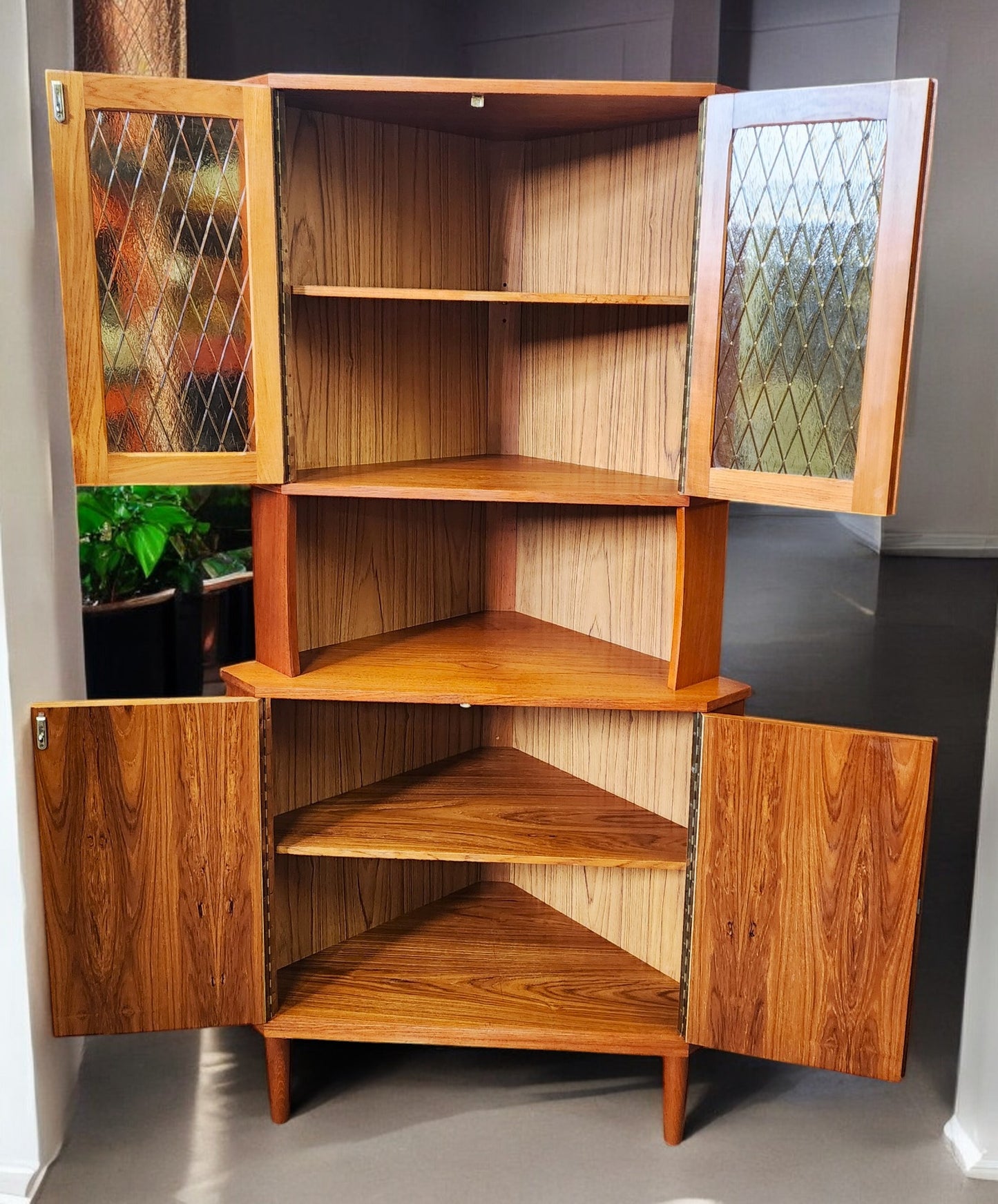 RESTORED Danish Mid Century Modern Teak Corner Cabinet w Bar