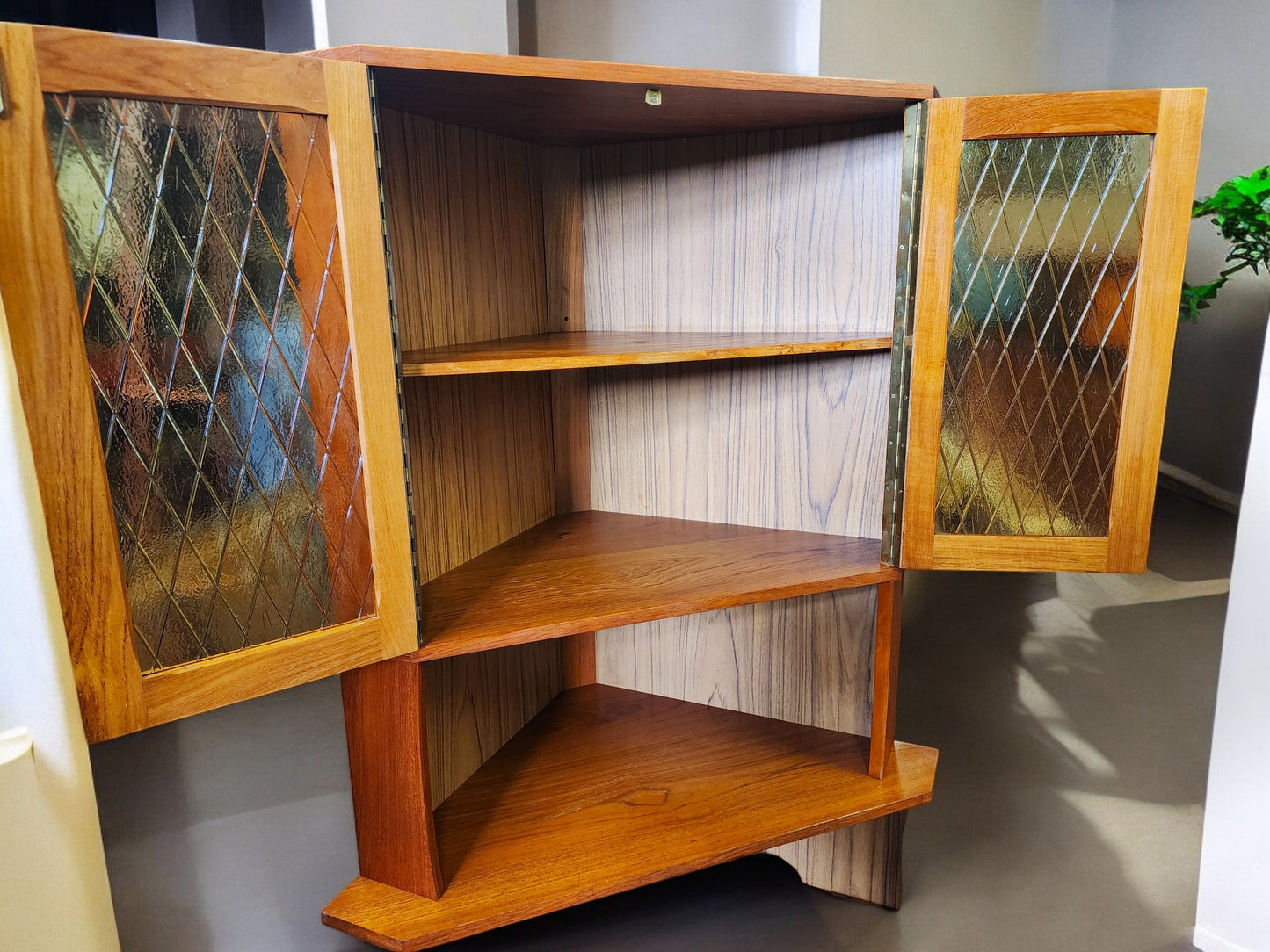 RESTORED Danish Mid Century Modern Teak Corner Cabinet w Bar