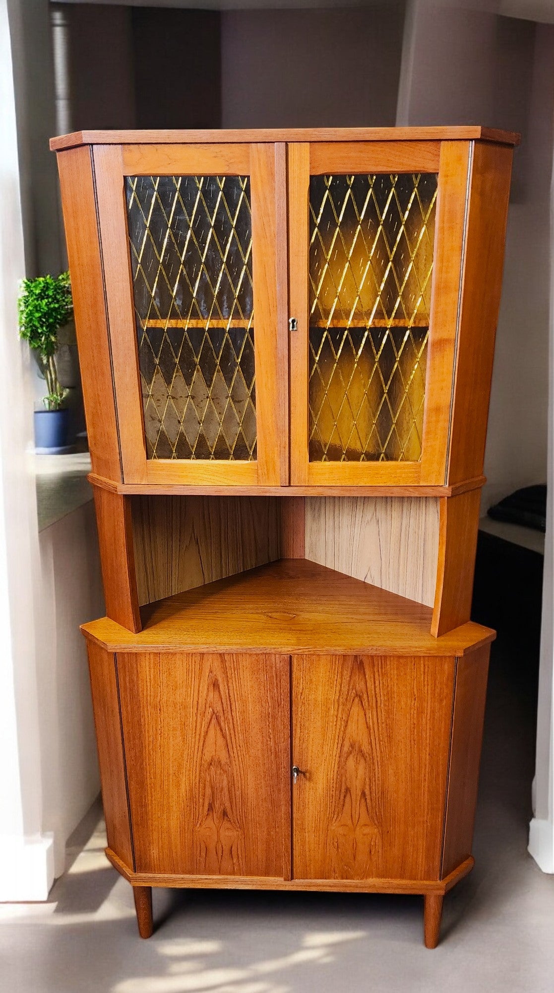 RESTORED Danish Mid Century Modern Teak Corner Cabinet w Bar
