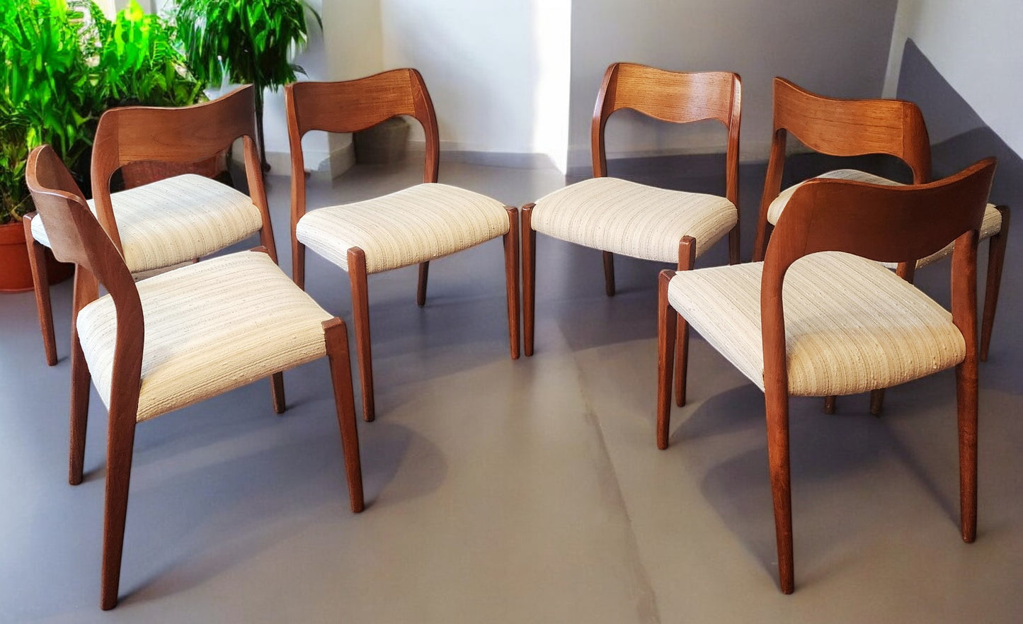 6 RESTORED Danish Mid Century Modern Teak Chairs by Niels O. Møller, Model 71