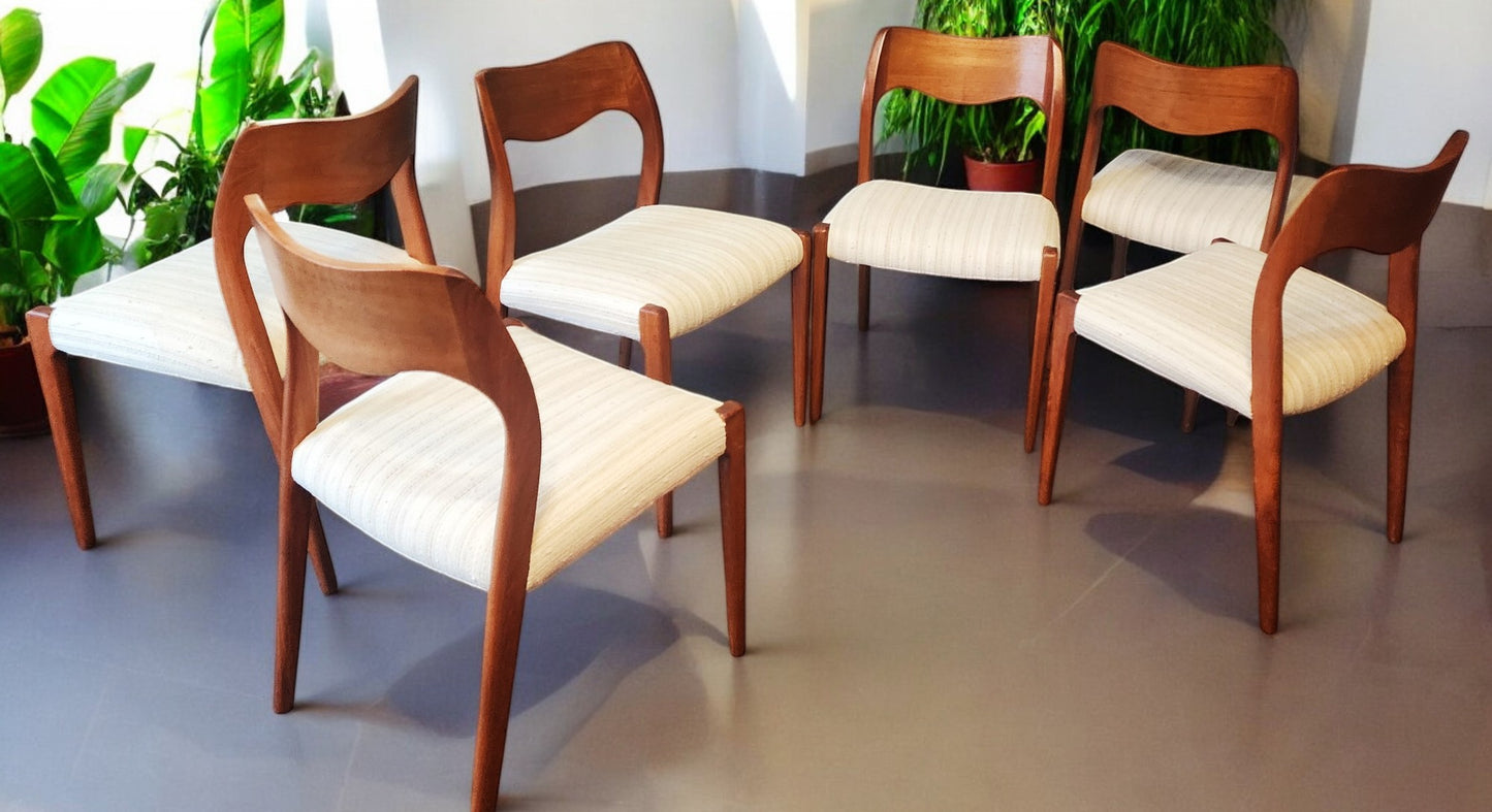 6 RESTORED Danish Mid Century Modern Teak Chairs by Niels O. Møller, Model 71