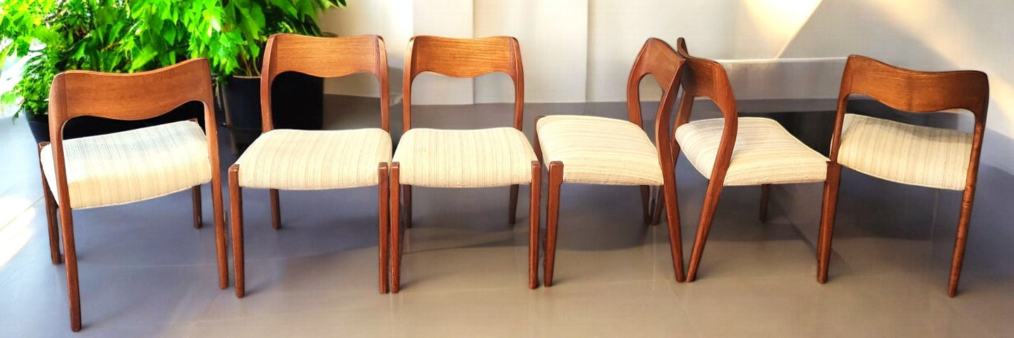 6 RESTORED Danish Mid Century Modern Teak Chairs by Niels O. Møller, Model 71