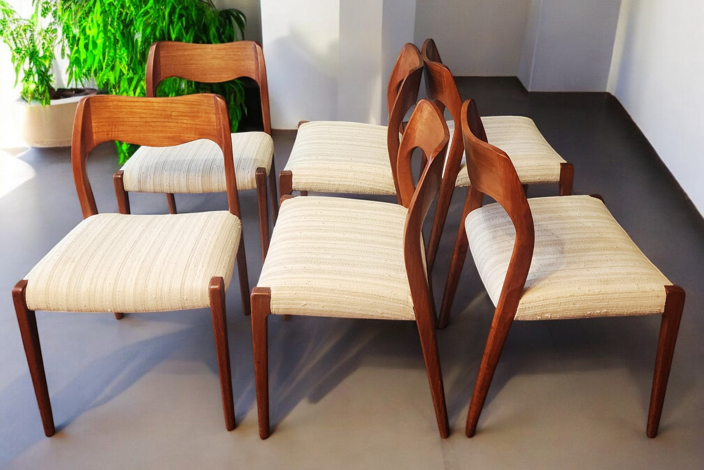 6 RESTORED Danish Mid Century Modern Teak Chairs by Niels O. Møller, Model 71