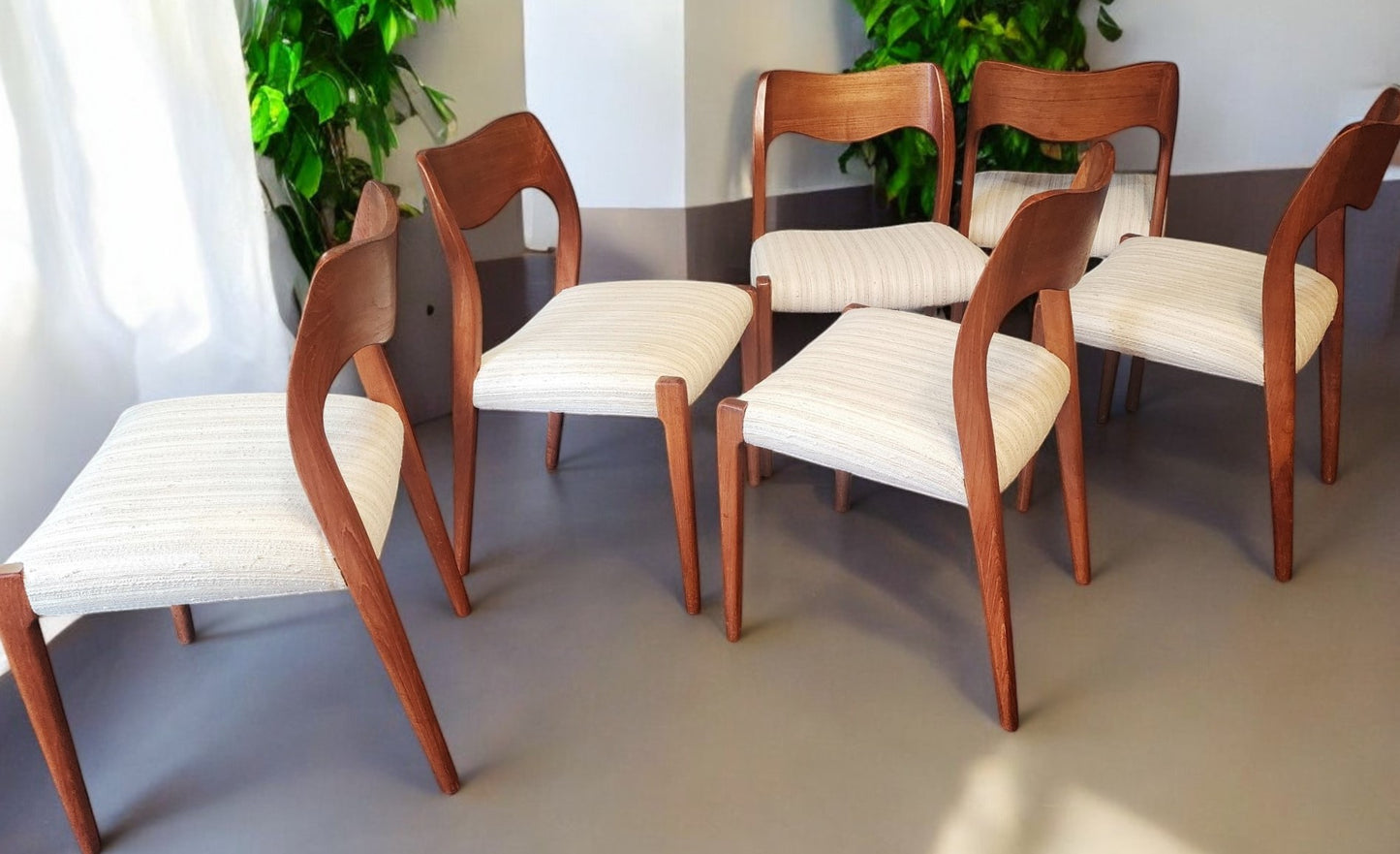 6 RESTORED Danish Mid Century Modern Teak Chairs by Niels O. Møller, Model 71