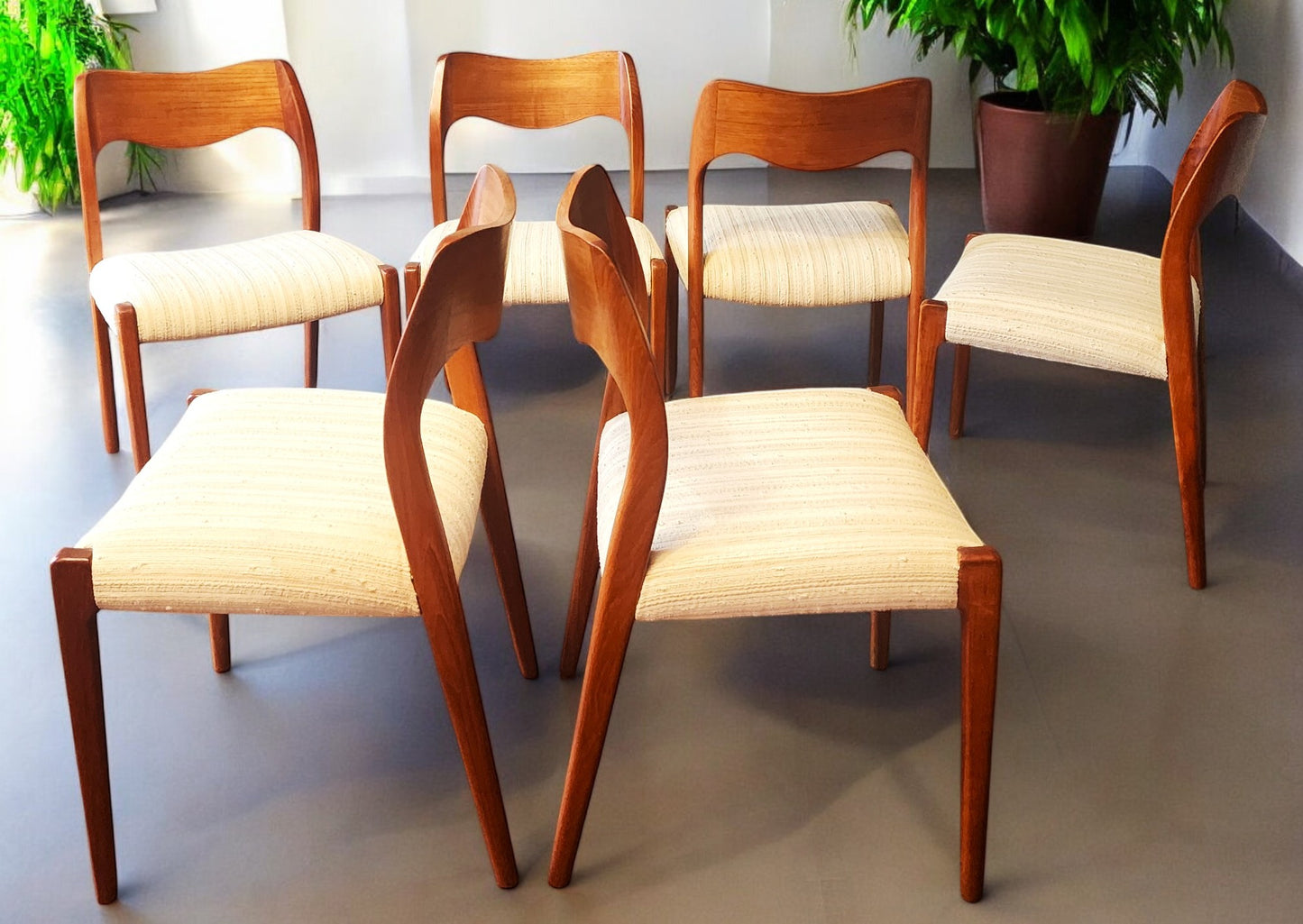 6 RESTORED Danish Mid Century Modern Teak Chairs by Niels O. Møller, Model 71