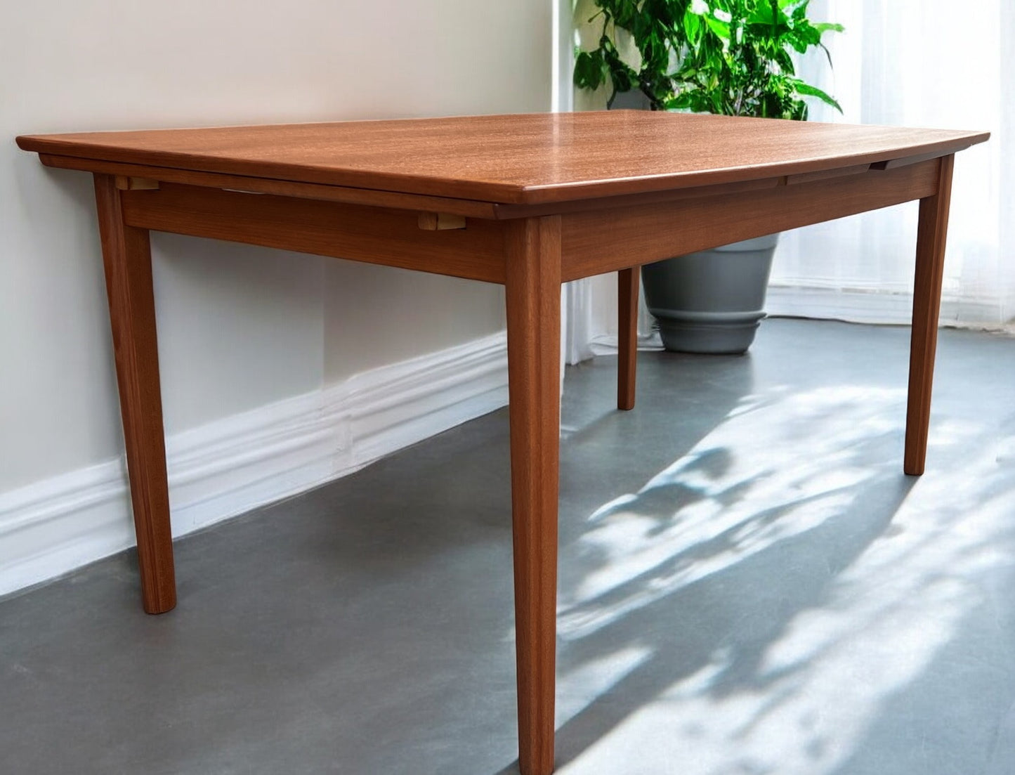 REFINISHED Danish MCM Teak Draw Leaf Surfboard Shape Table by DYRLUND 59"-102"