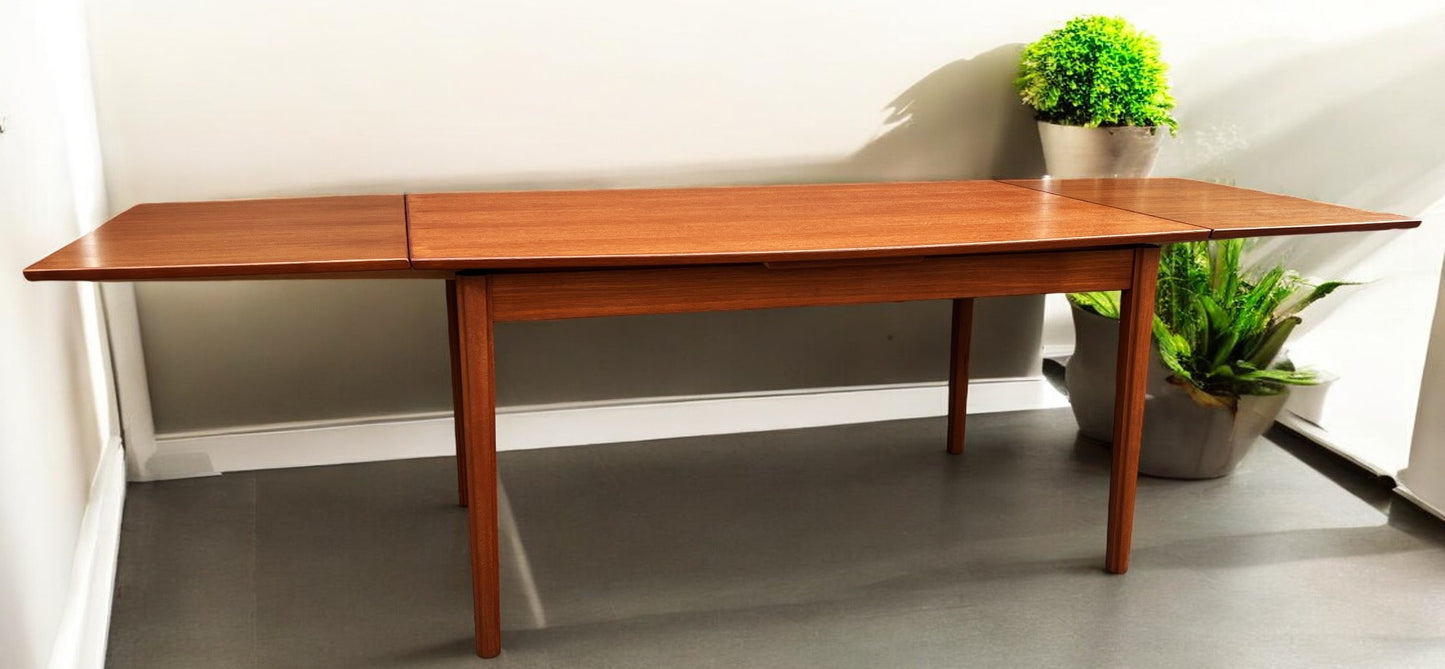 REFINISHED Danish MCM Teak Draw Leaf Surfboard Shape Table by DYRLUND 59"-102"