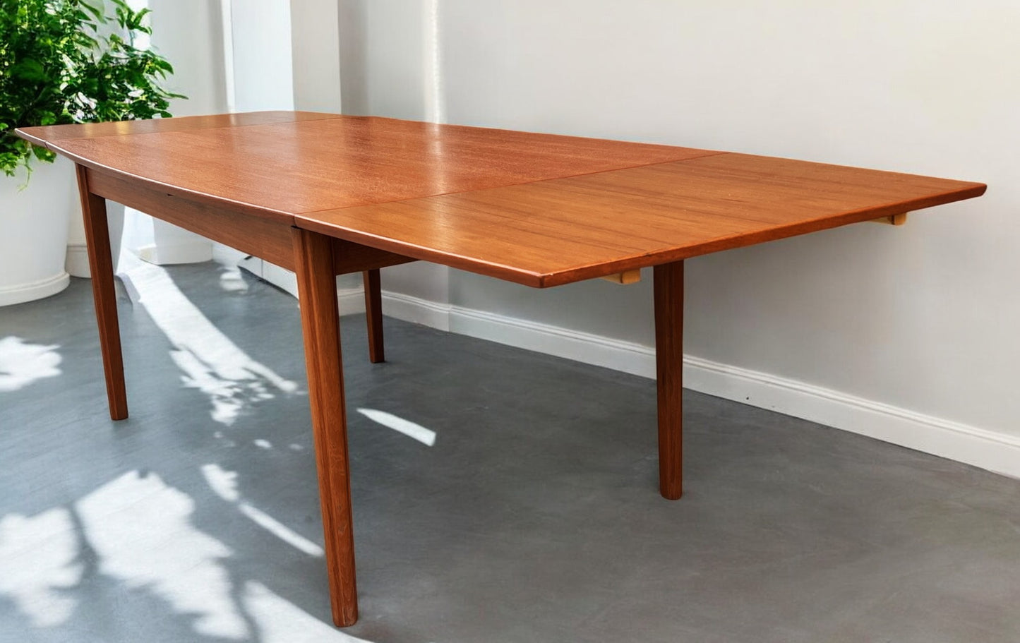 REFINISHED Danish MCM Teak Draw Leaf Surfboard Shape Table by DYRLUND 59"-102"
