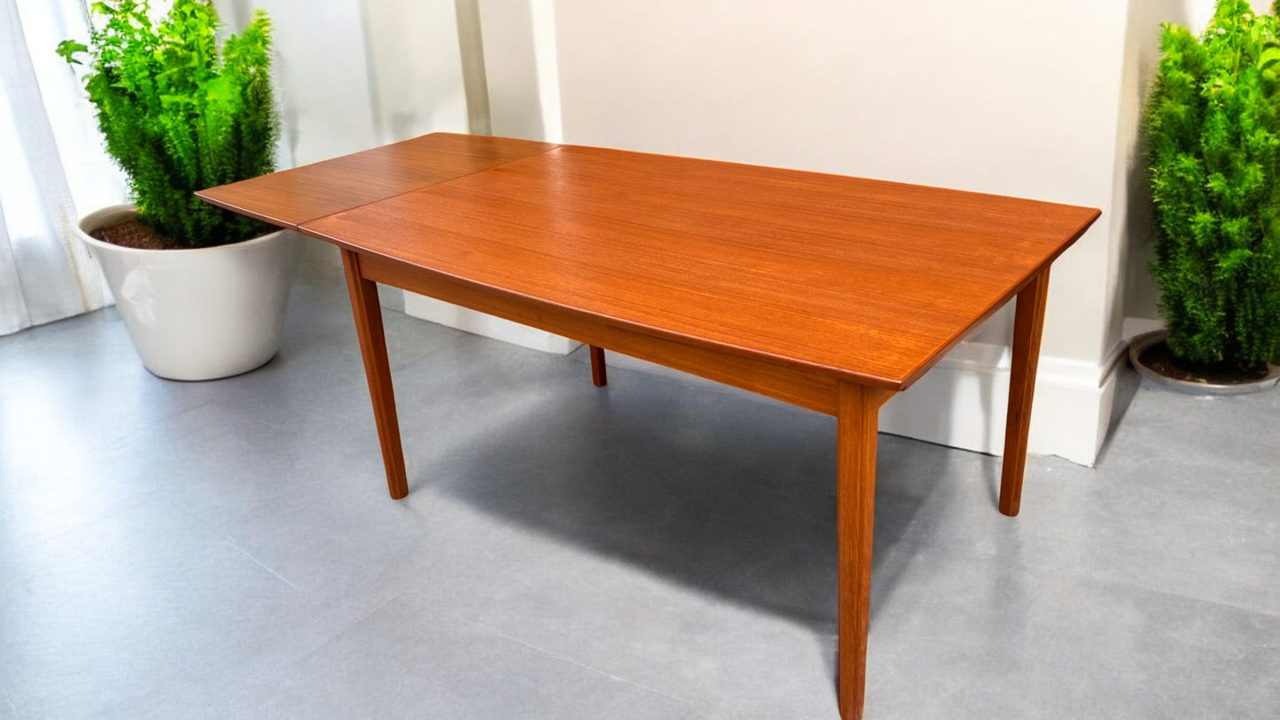 REFINISHED Danish MCM Teak Draw Leaf Surfboard Shape Table by DYRLUND 59"-102"