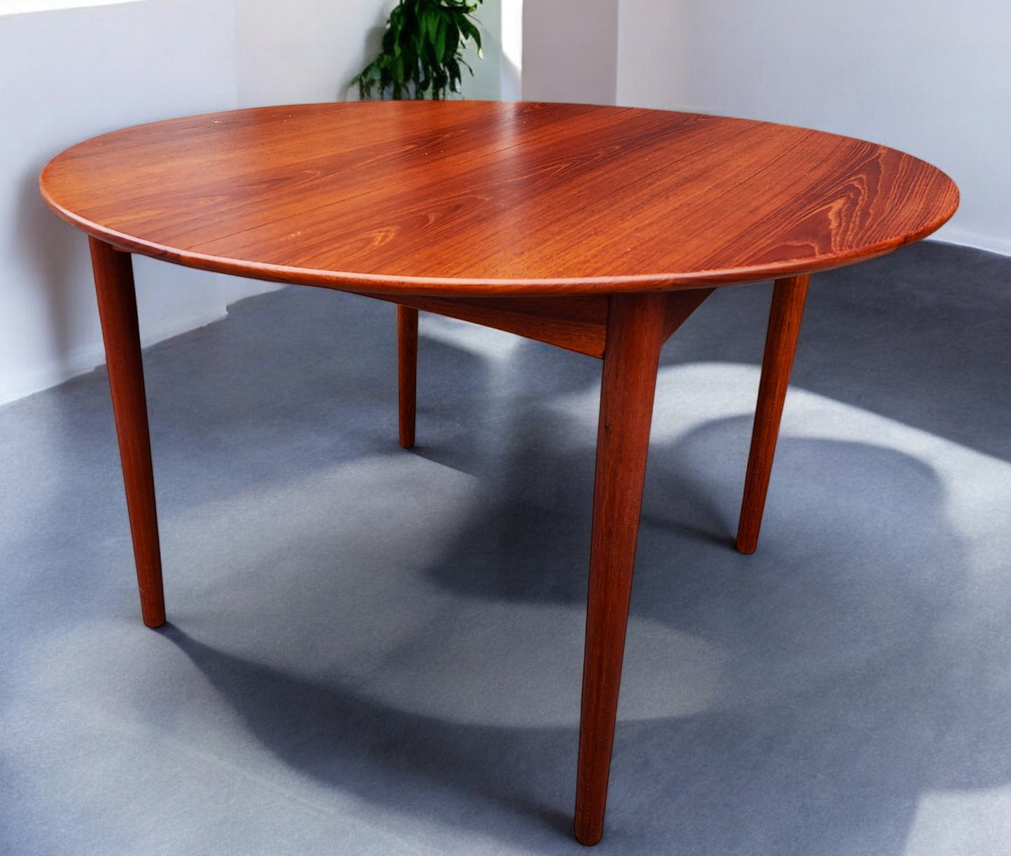 REFINISHED Danish Mid Century Modern Teak Table Round to Oval w 2 Leaves 45"- 85"