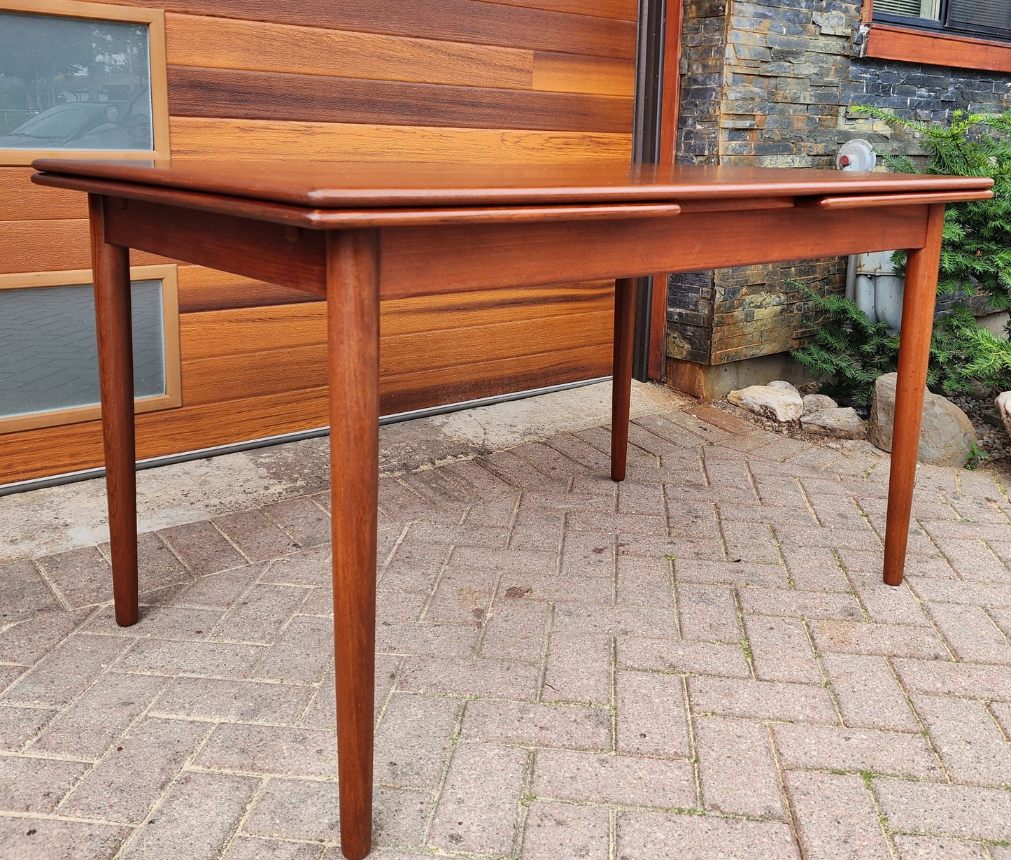 REFINISHED Danish Mid Century Modern Teak Table Draw Leaf, 52"- 92"