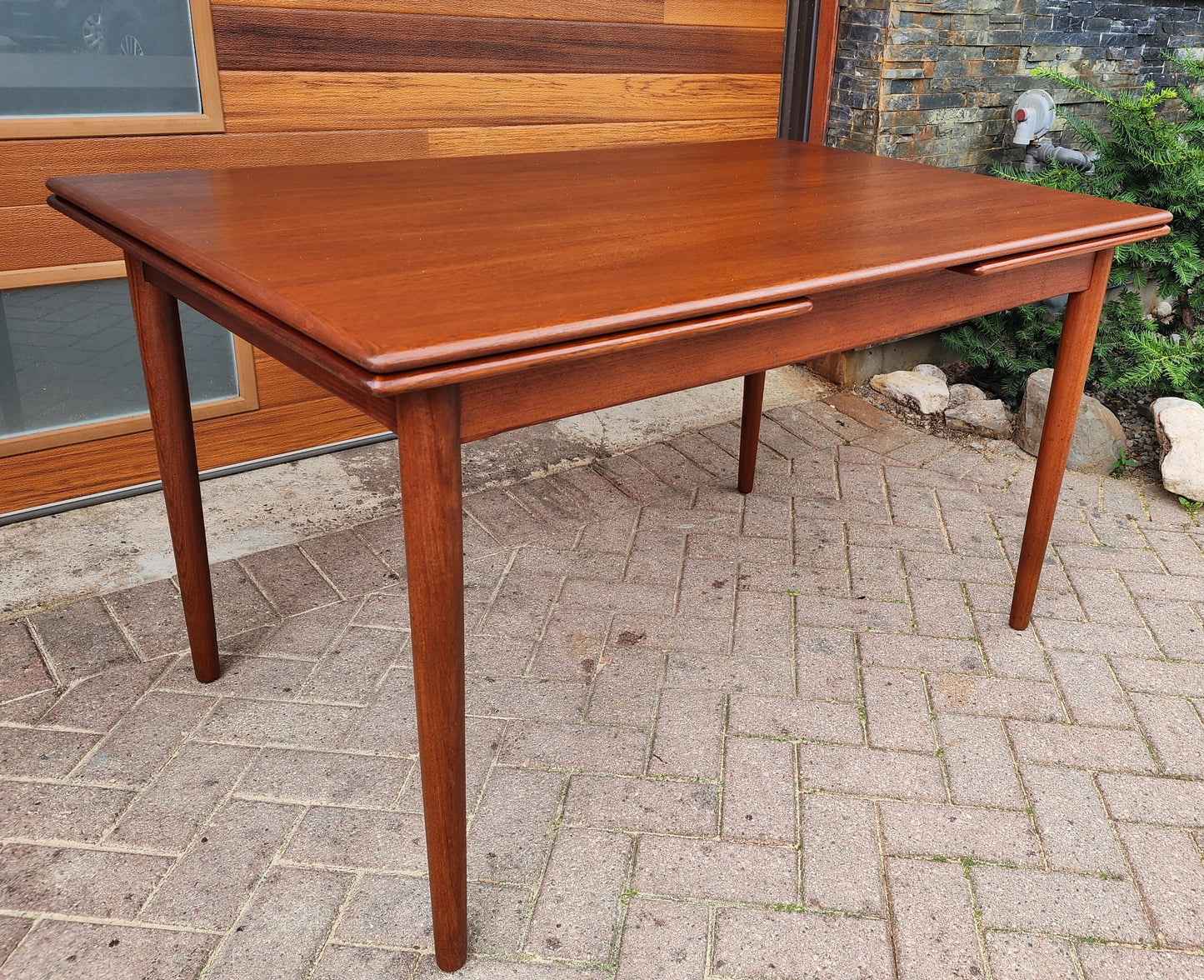 REFINISHED Danish Mid Century Modern Teak Table Draw Leaf, 52"- 92"
