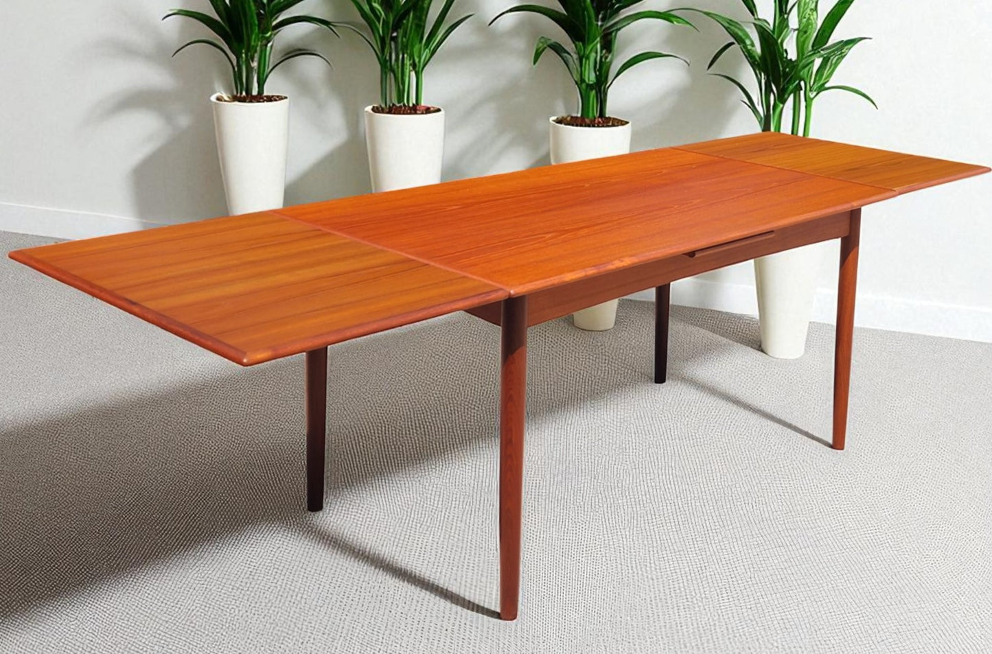 REFINISHED Danish Mid Century Modern Teak Draw Leaf Table 55"-98"