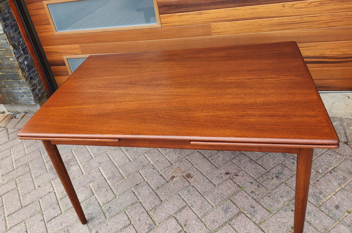 REFINISHED Danish Mid Century Modern Teak Table Draw Leaf, 52"- 92"