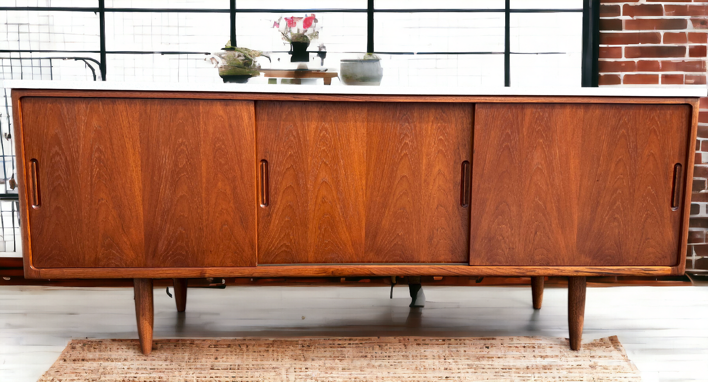 REFINISHED Danish Mid Century Modern Teak Sideboard w Quartz Top 6ft