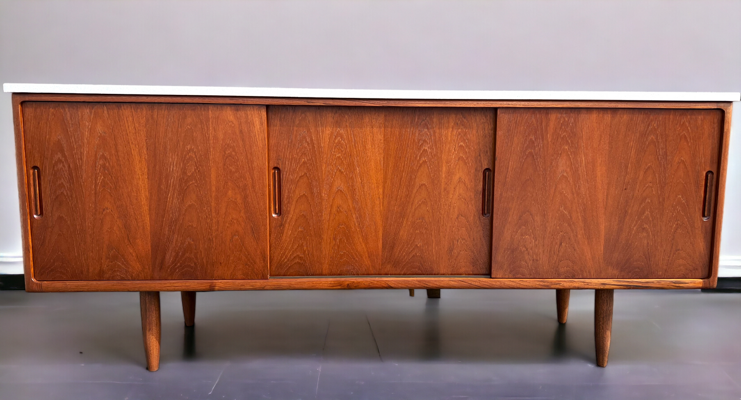 REFINISHED Danish Mid Century Modern Teak Sideboard w Quartz Top 6ft