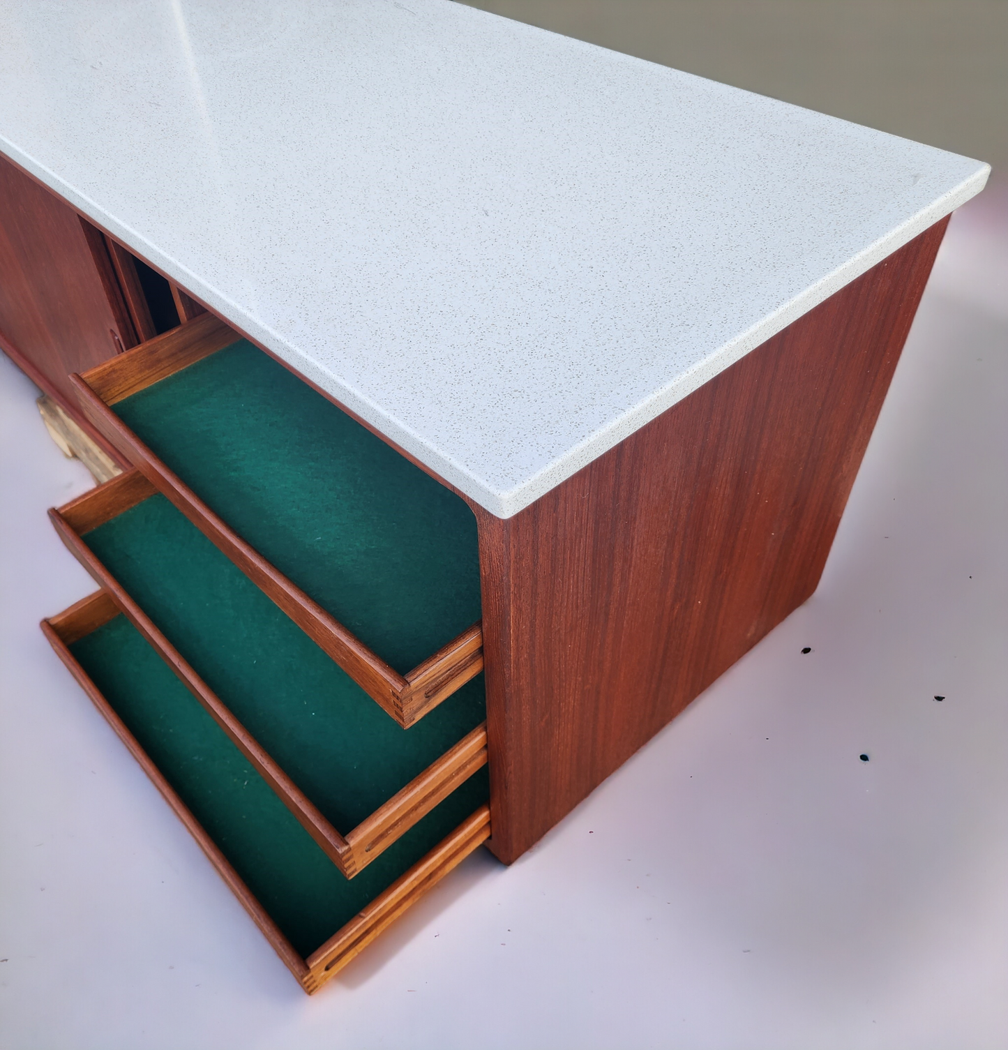 REFINISHED Danish Mid Century Modern Teak Sideboard w Quartz Top 6ft