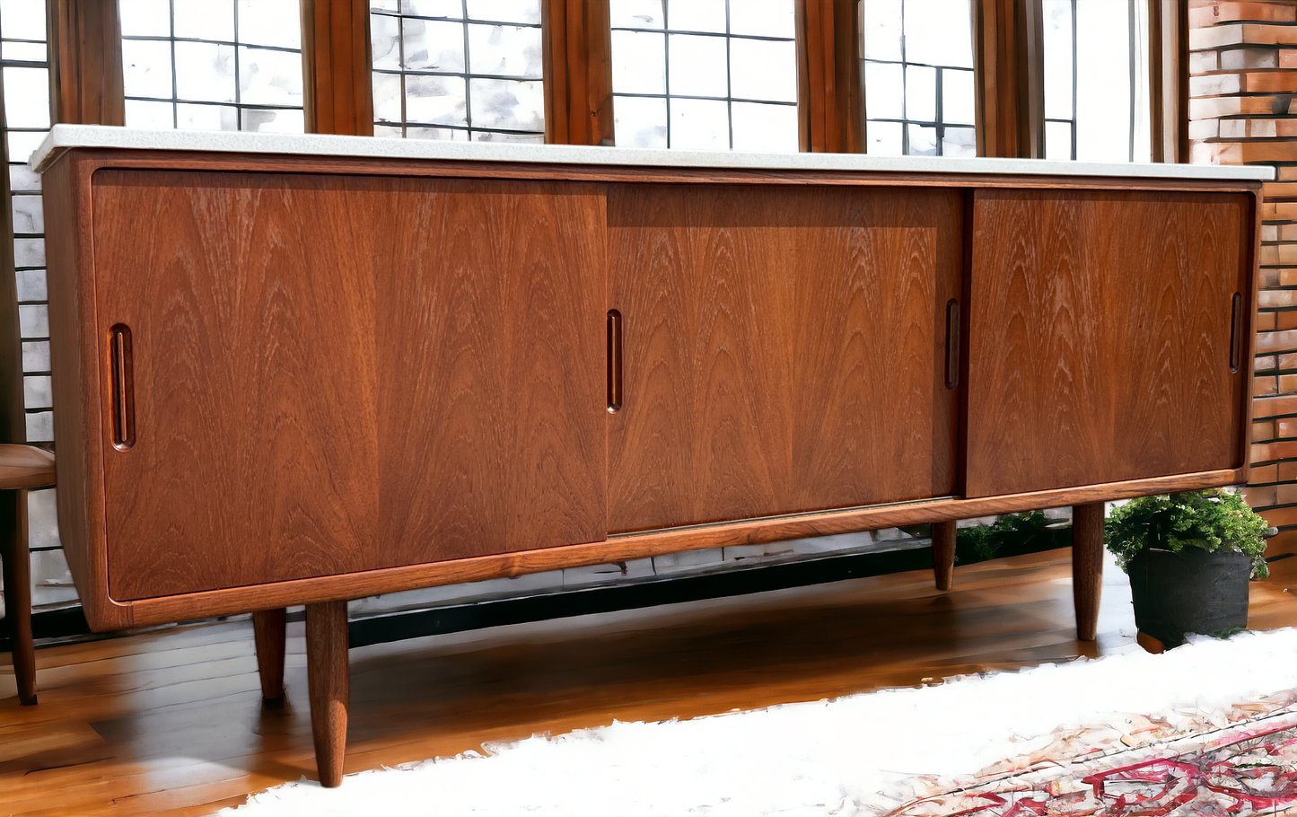 REFINISHED Danish Mid Century Modern Teak Sideboard w Quartz Top 6ft