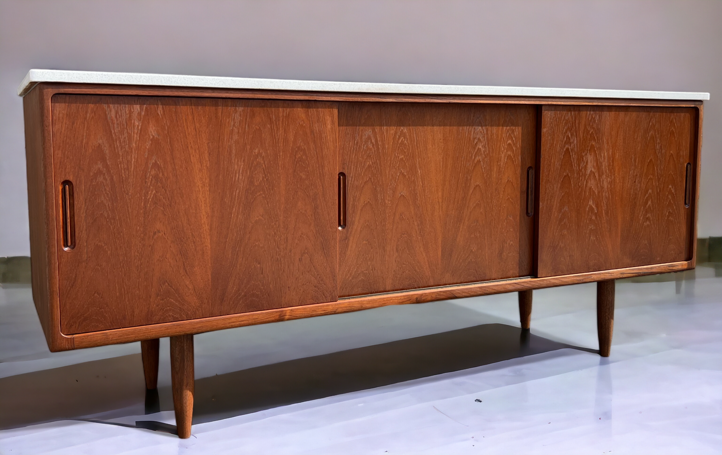 REFINISHED Danish Mid Century Modern Teak Sideboard w Quartz Top 6ft