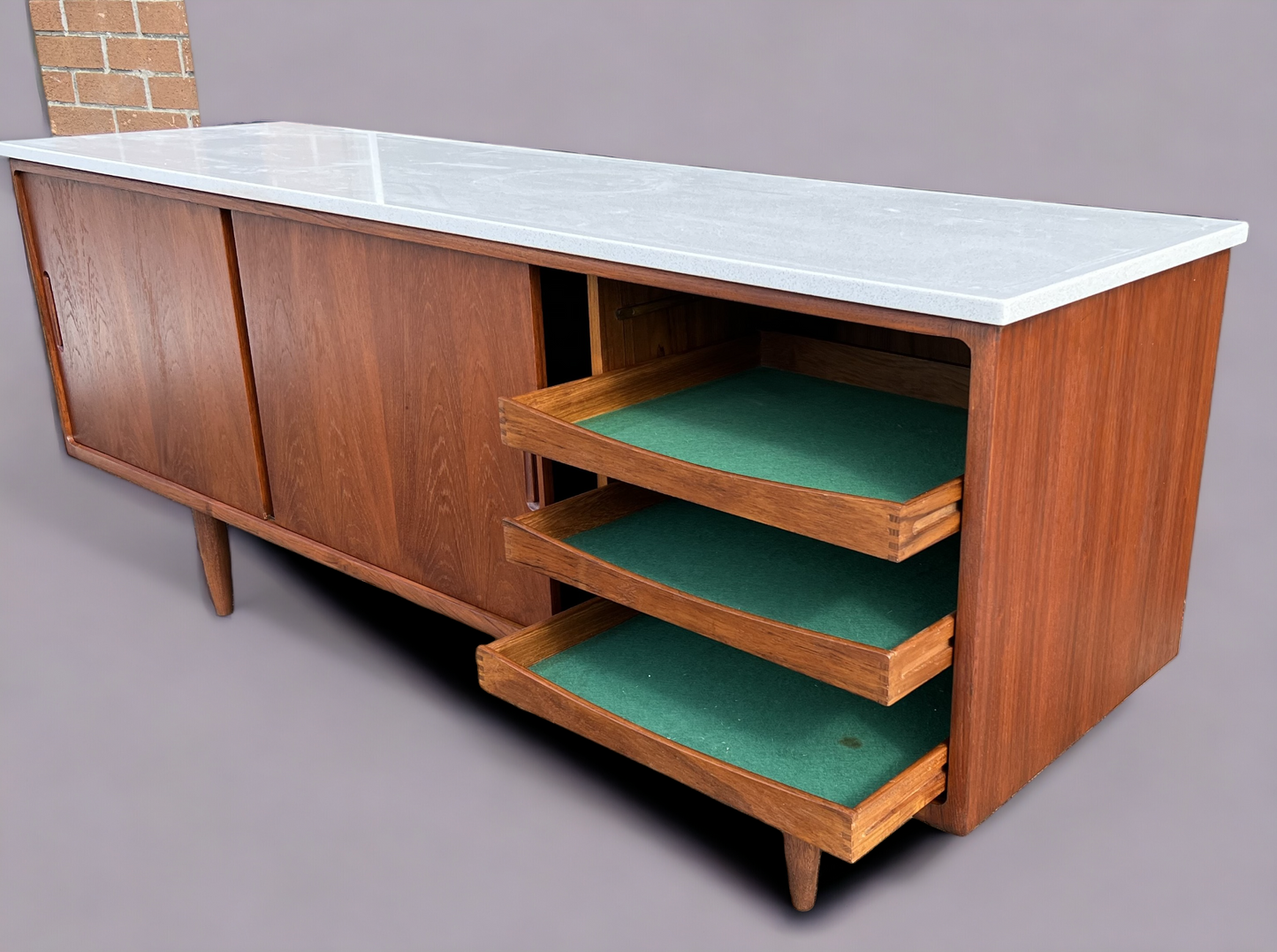 REFINISHED Danish Mid Century Modern Teak Sideboard w Quartz Top 6ft