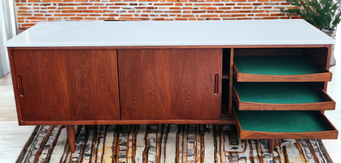 REFINISHED Danish Mid Century Modern Teak Sideboard w Quartz Top 6ft