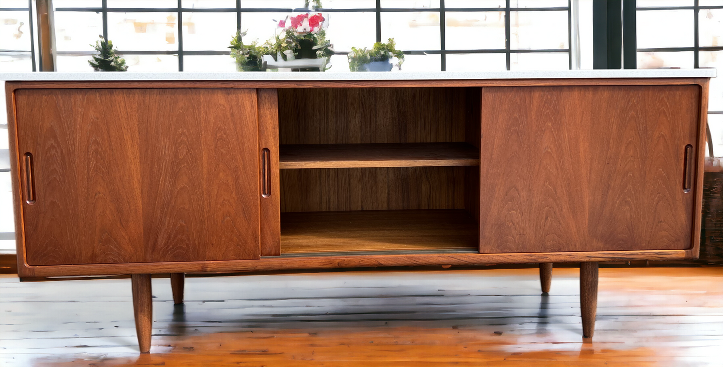 REFINISHED Danish Mid Century Modern Teak Sideboard w Quartz Top 6ft