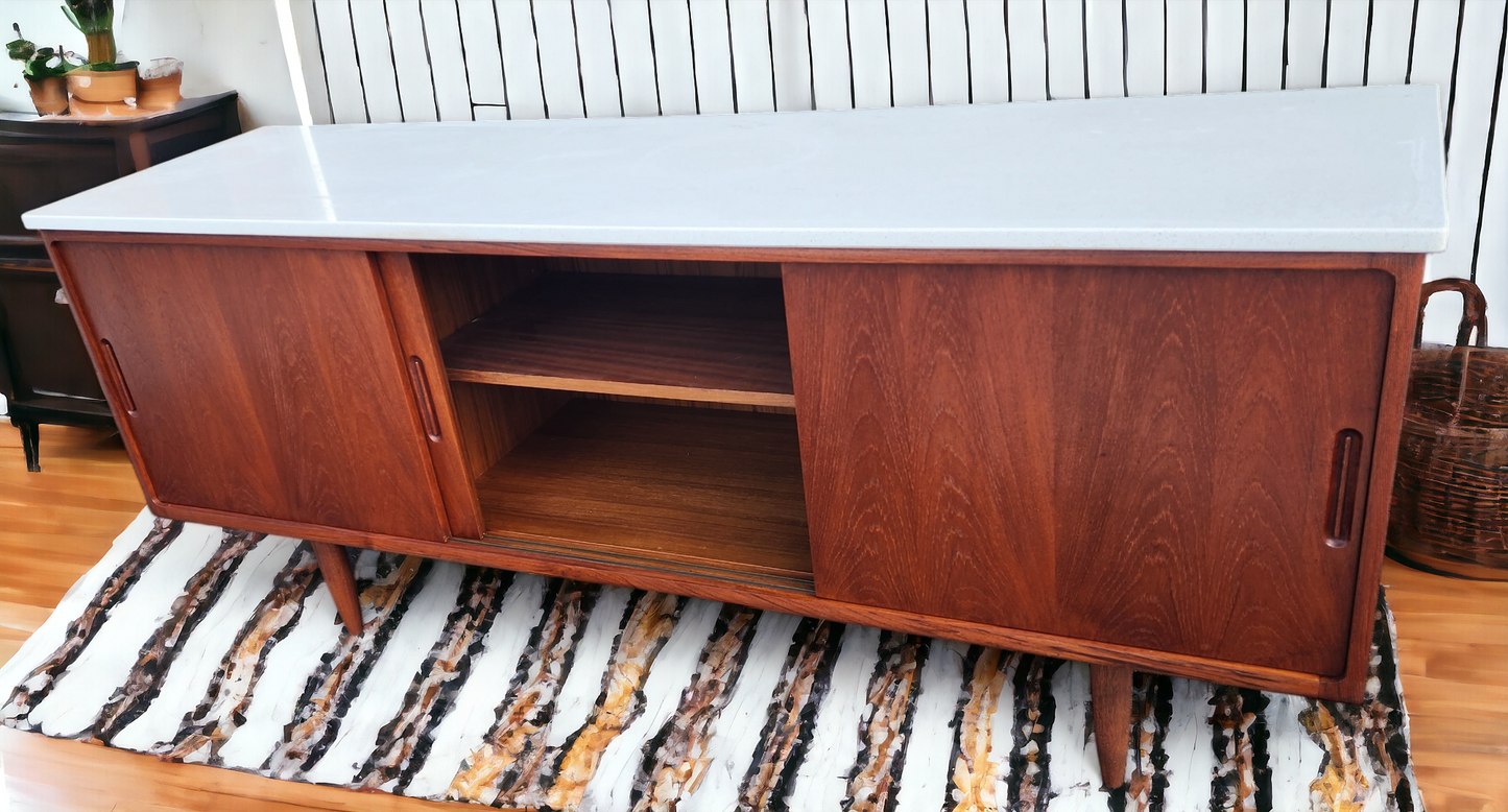 REFINISHED Danish Mid Century Modern Teak Sideboard w Quartz Top 6ft
