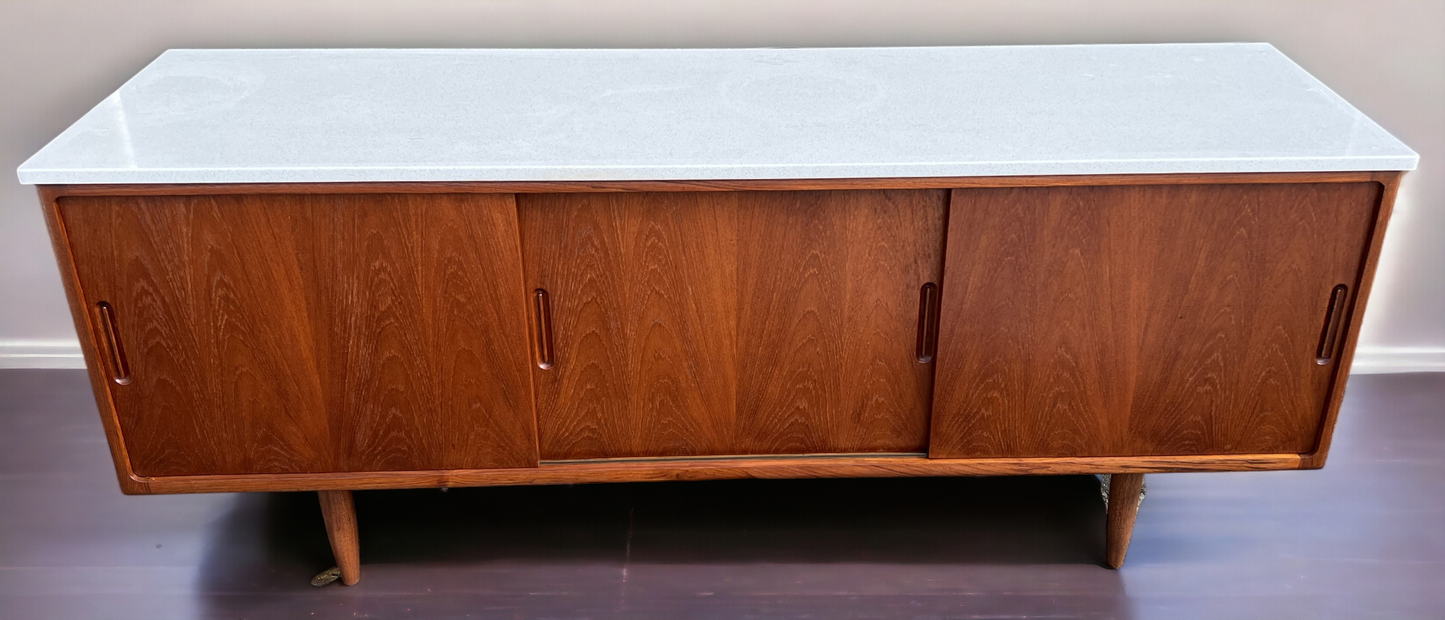 REFINISHED Danish Mid Century Modern Teak Sideboard w Quartz Top 6ft